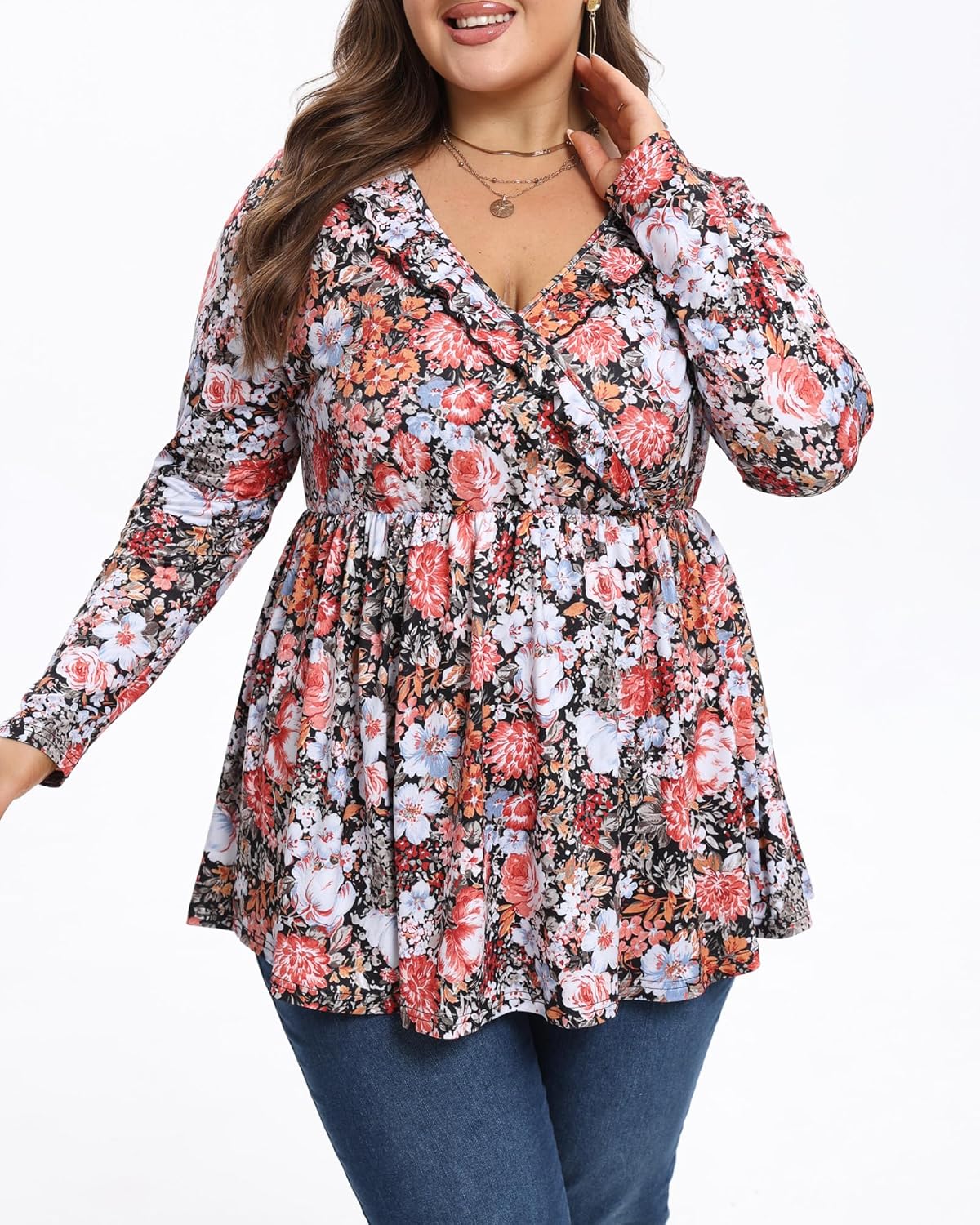 Womens Plus Size Long Sleeve Fall Tops Ruffle Wrap V Neck Pleated Shirts Dressy Casual Loose Tunic Blouse - Image 5