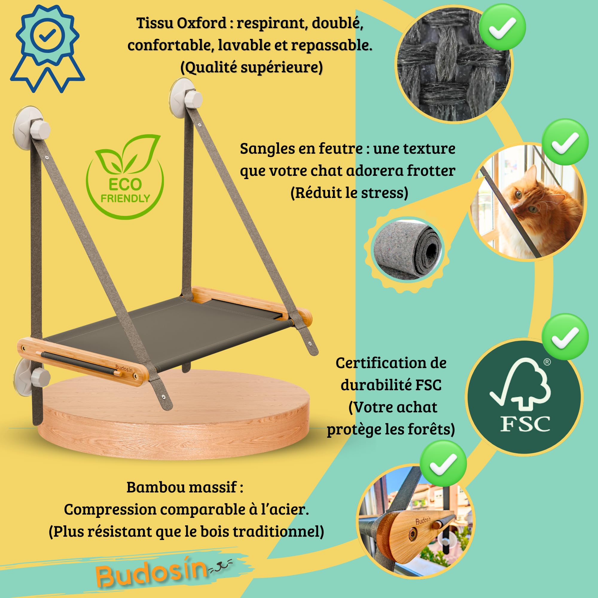 Hamac Chat fenêtre en Bambou Massif – 5 ventouses 3.0 Ultra résistantes – Hamac pour Chat avec Tissu Oxford Respirant – Installation Facile (Manuel Inclus) – Hamac Letvan de Budosín