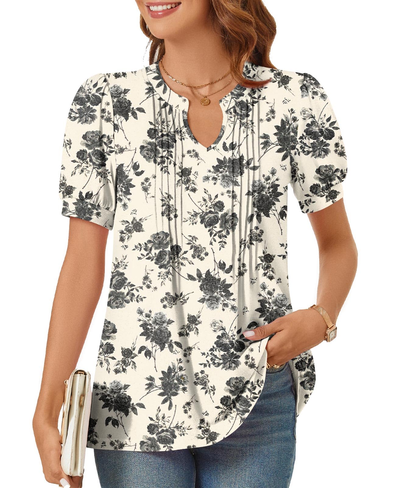 syoss Women's Summer Tops 2026 Puff Short Sleeve Dressy Casual ladies Blouses Elbow Length Sleeve