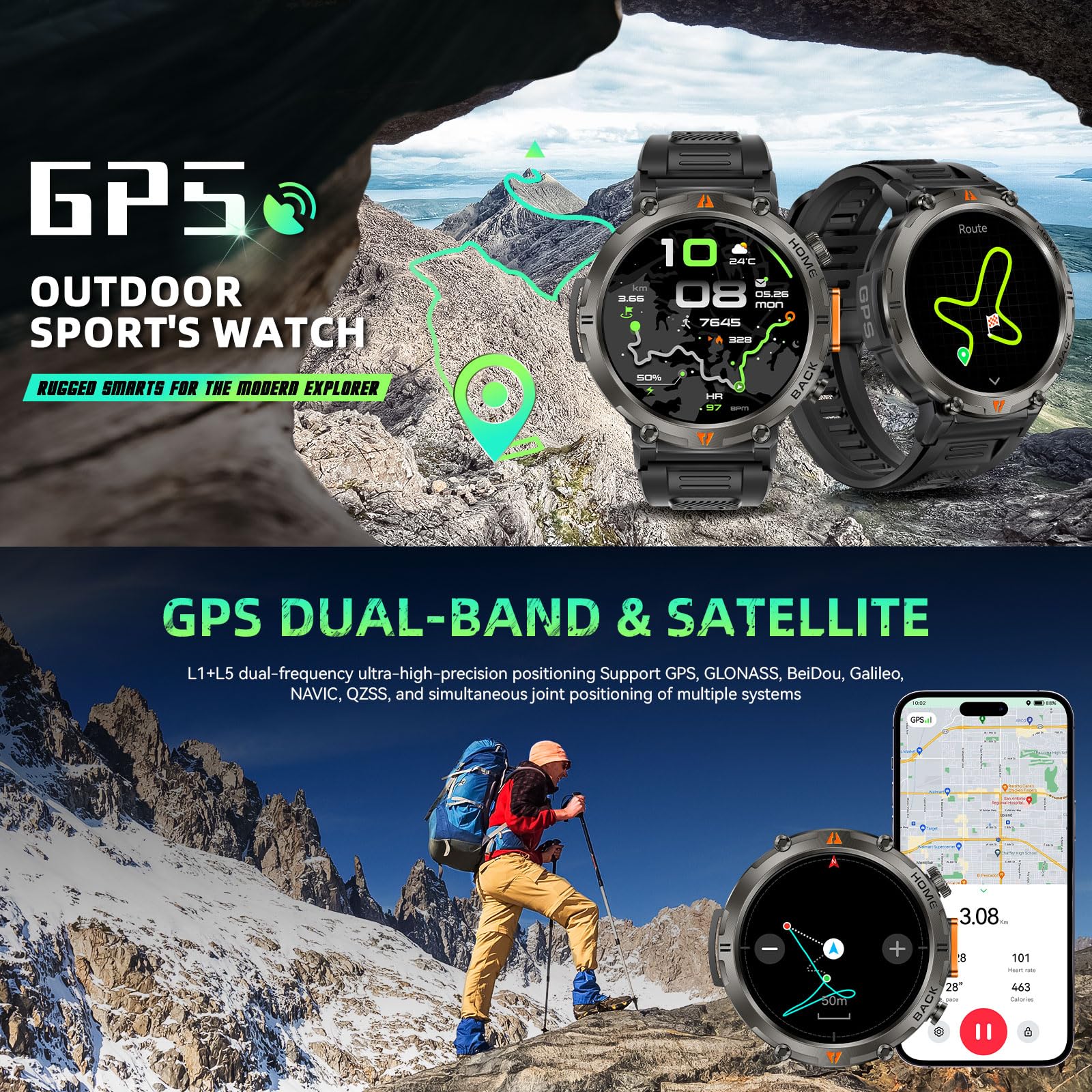 GPS Smartwatch Militare Uomo Impermeabile 3ATM con Torcia LED Bussola, 1,45" HD Rugged Smartwatch Orologio con Chiamate Bluetooth, Fitness Watch con Cardiaca SpO2 Notifiche WhatsApp per Android iOS