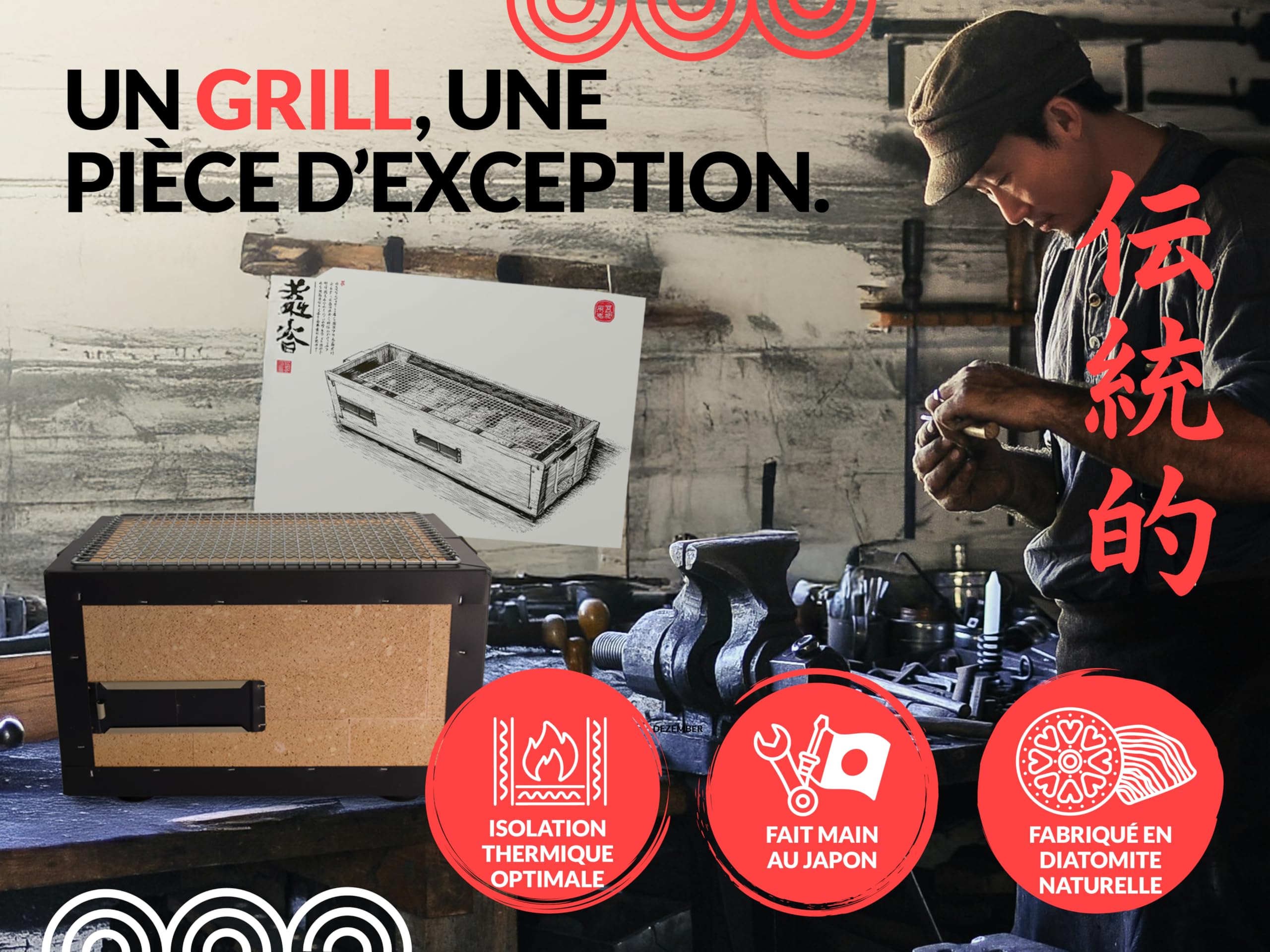 Konro Grill – Barbecue japonais traditionnel au charbon de bois en diatomite naturelle – Idéal pour Yakitori & Yakiniku – Grill de table compact – Fait main au Japon – Petit (31x23x20 cm)