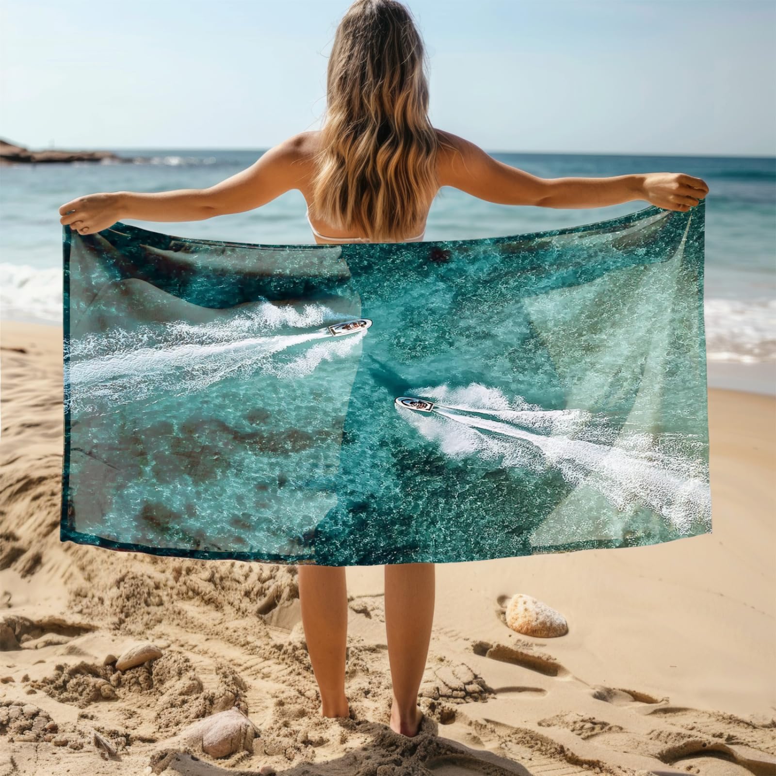 Genérico Toalla Playa 90X180 Buque Mar Verde Profundo Grande Toallas de Playa Microfibra Ligera Secado Rápido Sin Arena para Mujer Hombre Viajes Vacaciones Natación Camping