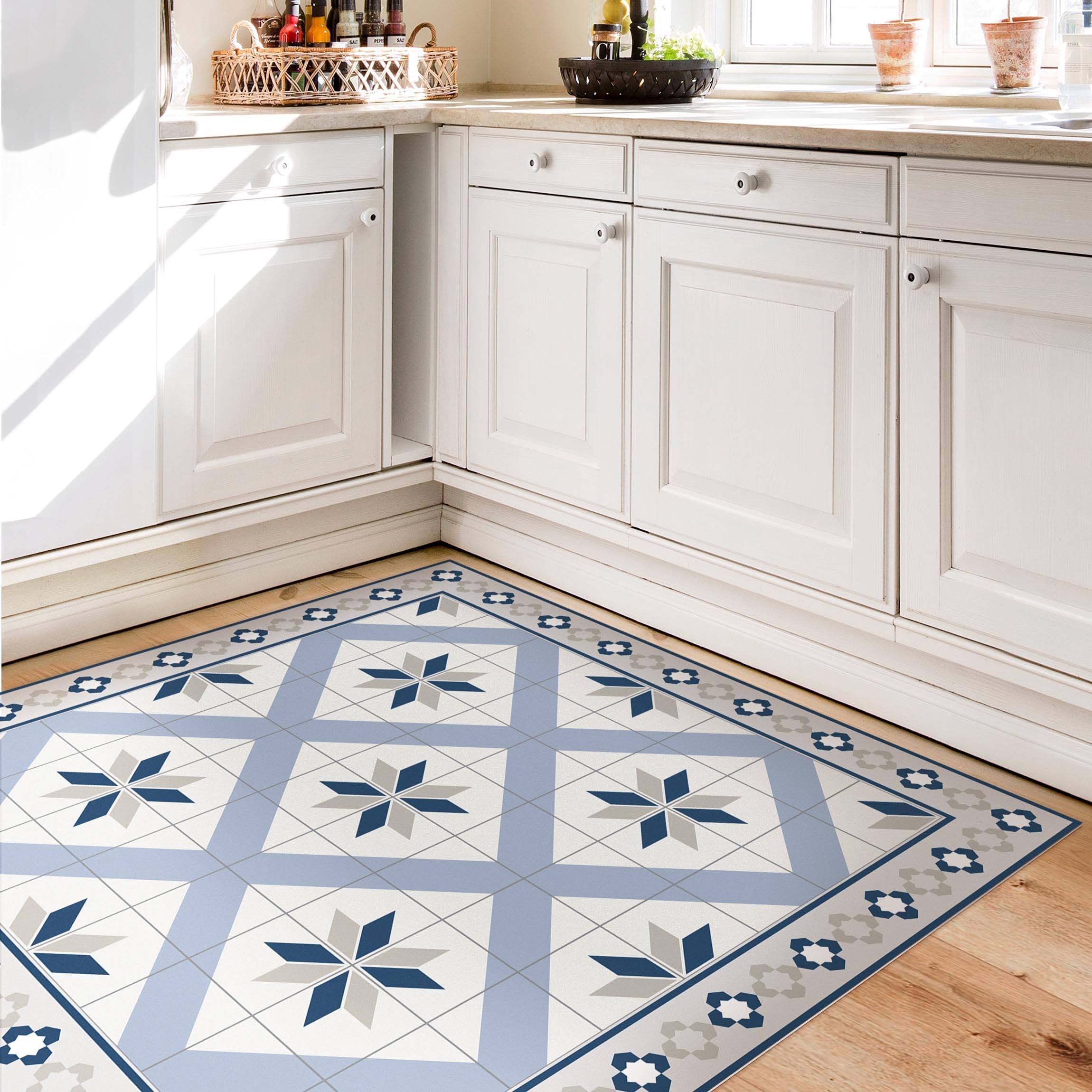 Tapis en Vinyle essuyable à l'eau à Motifs Collage sans Bulles Protection de Sol géométrique Tapis antidérapant Bleu Imitation carrelage Cuisine Couloir 3113 (40x40cm)