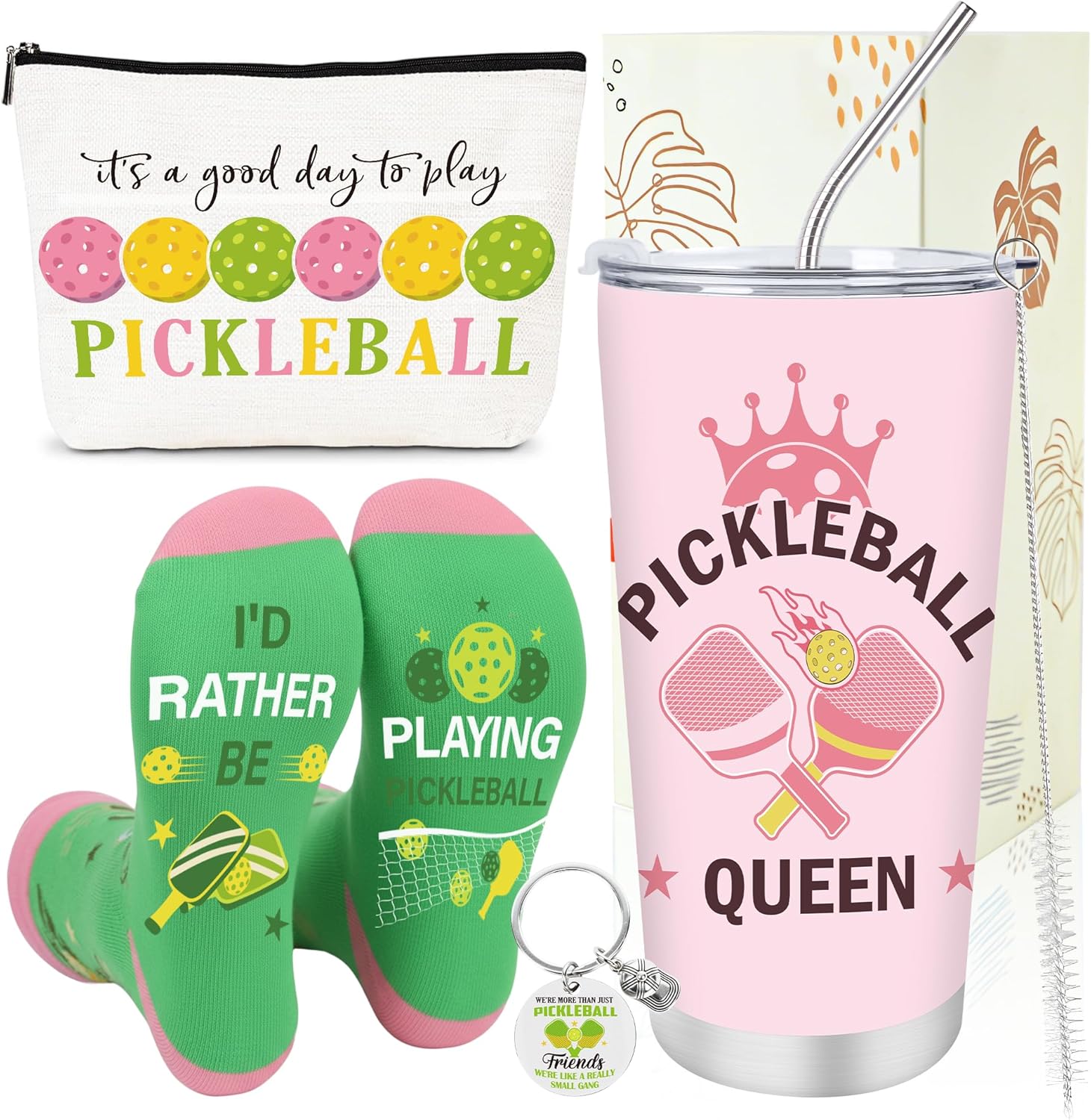 Keluna Regalos de pickleball para mujer  Juego de 4 regalos de Pickle Ball, vaso PB de 20 onzas, bolsa de maquillaje, calcetines, llavero,