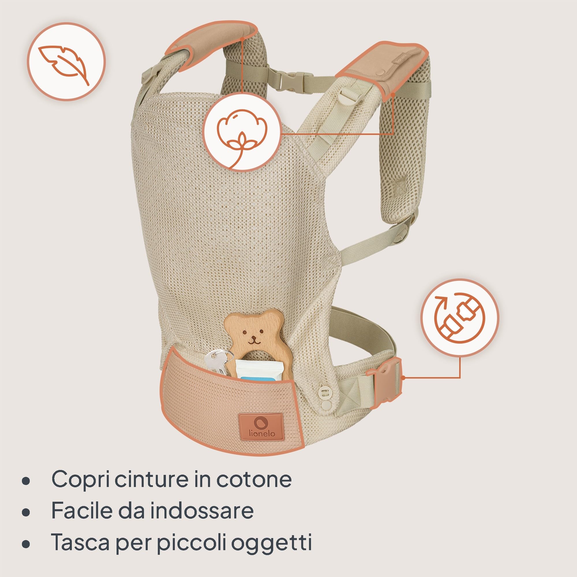 LIONELO Marsupio Ergonomico Neonato Margareet Air da 4 Mesi a 20 kg, 3 Posizioni Materiale Traspirante Cappuccio staccabile Doppia Protezione Marsupio per Bambini