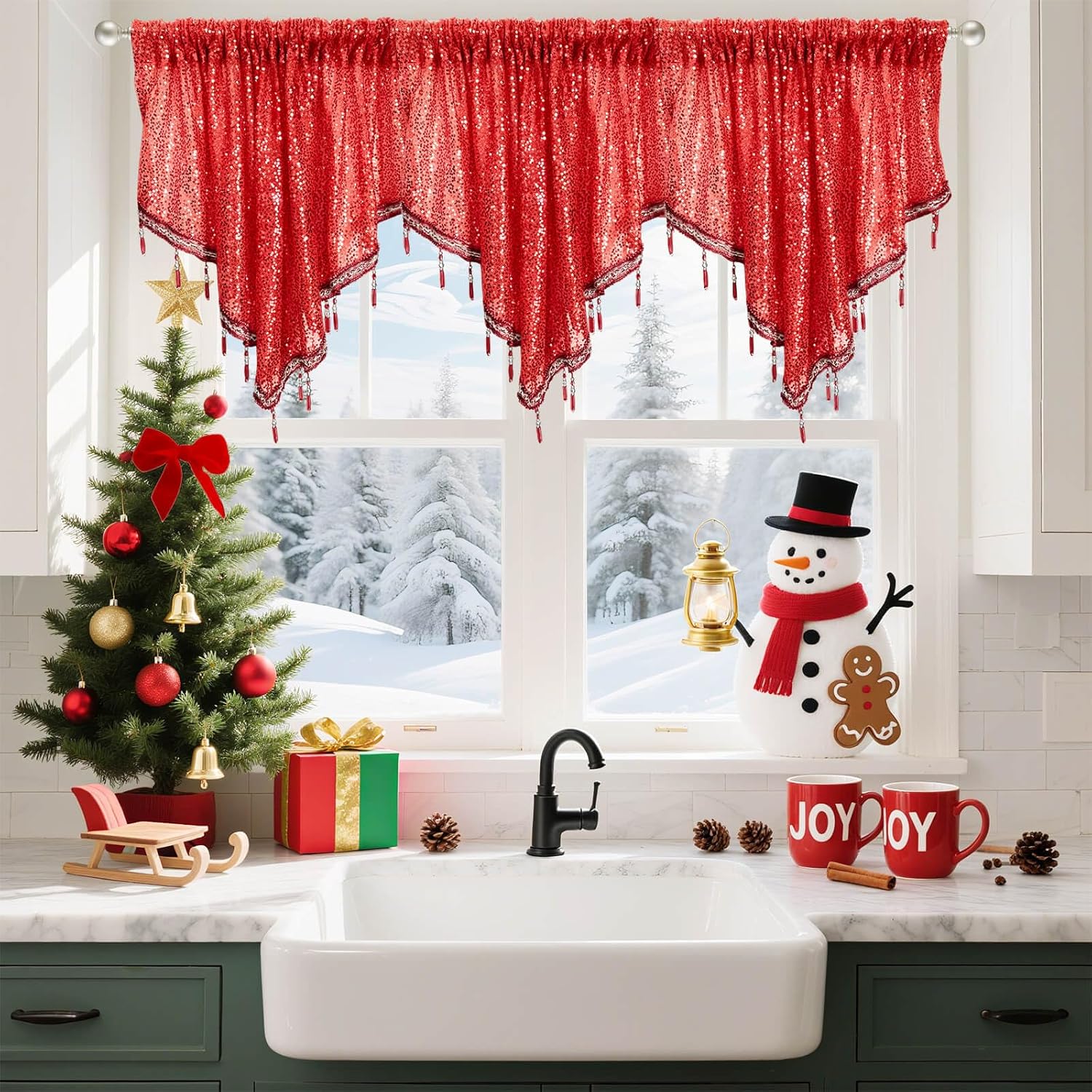 WUBODTI Christmas Red Beaded Curtain Valances for Windows 3 PCS, Boho Glitter Triangle Sequin Tassels Kitchen Window Valances Holiday Decor Swag Curtain for Living Room Bathroom, Each W51 x L22