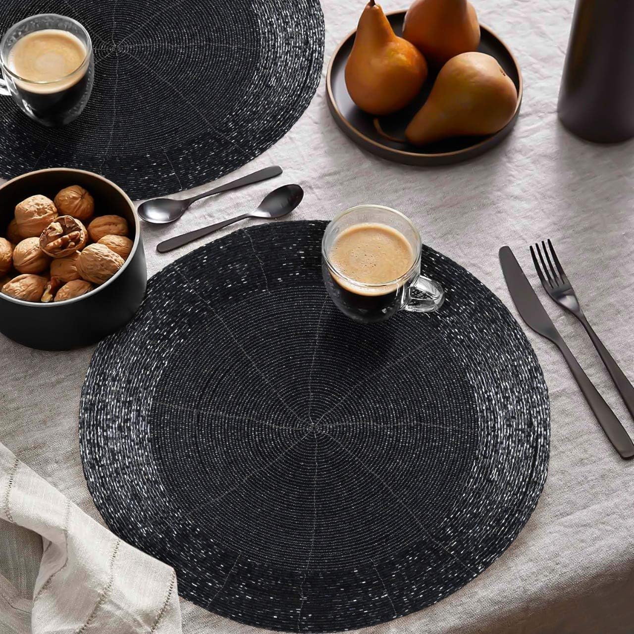 Beaded Placemats/Charger for Dining Table Dia 13 inches- Grey Charcoal,Wire Beaded Placemats Round for Gathering, Christmas, Thanksgiving - Occasional Decoration and Parties Celebrations,Set of 4