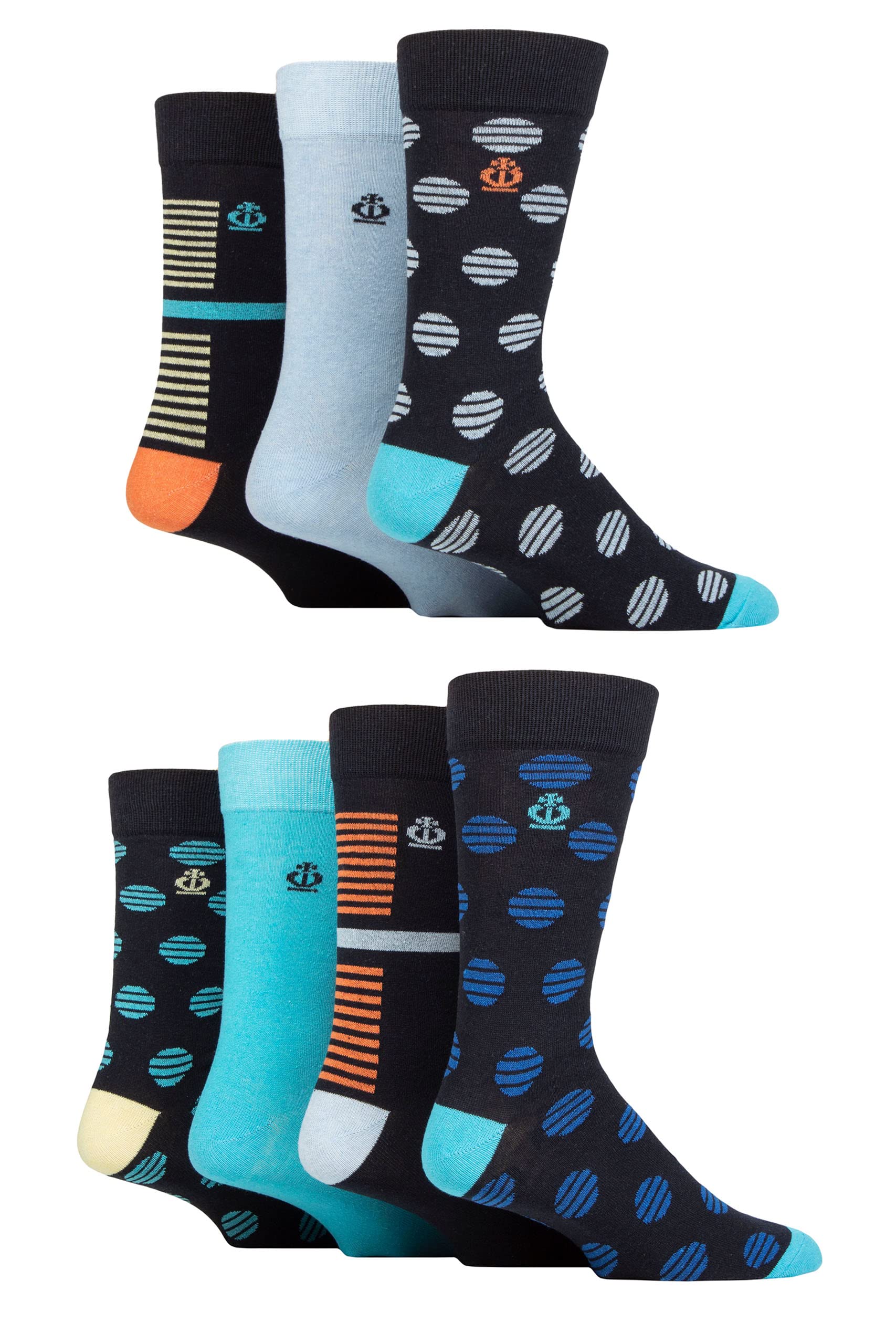 Jeff Banks Men's Striped Spots Navy Recycled Cotton Patterned Socks Pack Of 7 7-11