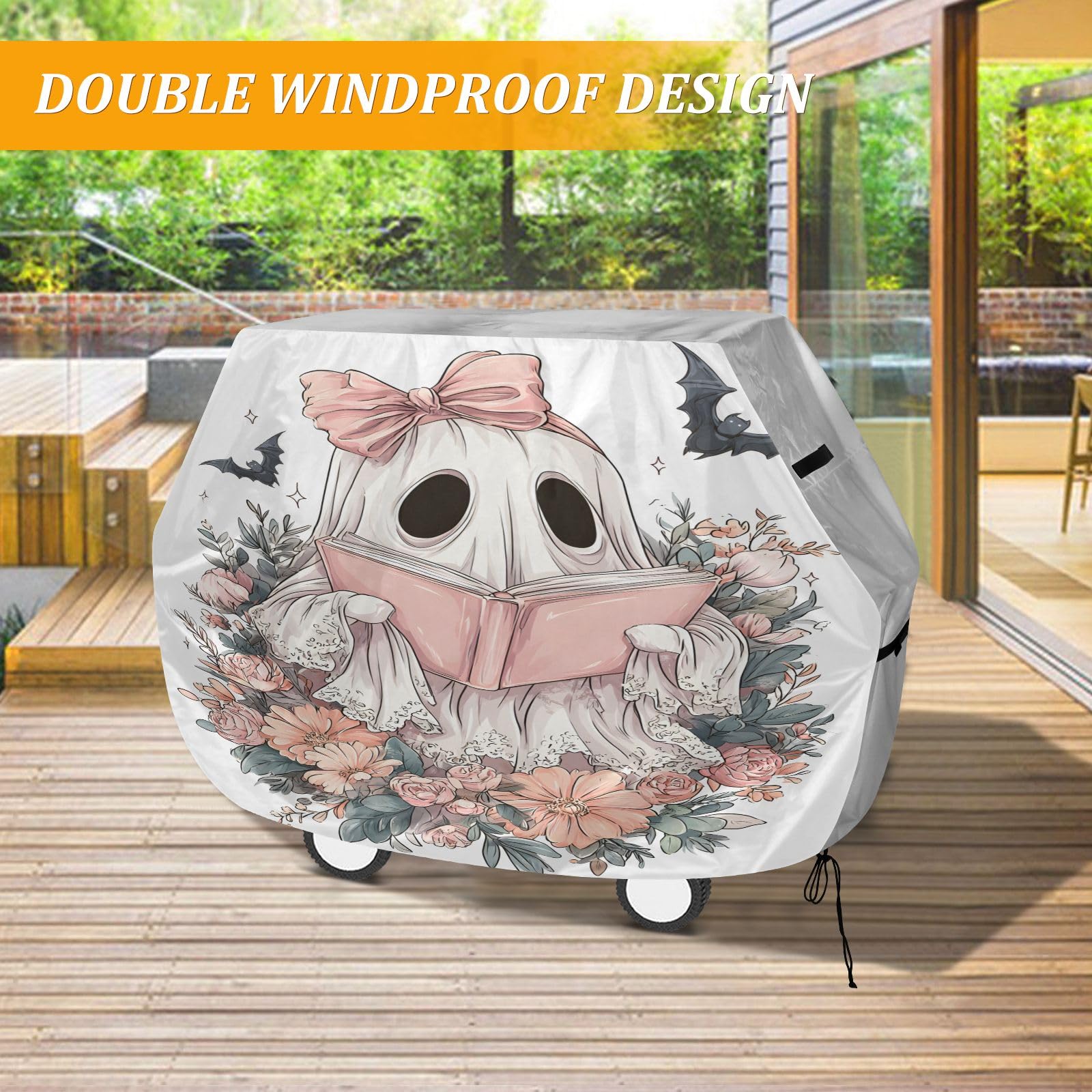 Copertura per barbecue impermeabile di alta qualità, resistente allo sbiadimento, resistente, adatta per griglie fino a 25 cm in stile vettoriale pulito con simpatici personaggi fantasmi fantasmi sono