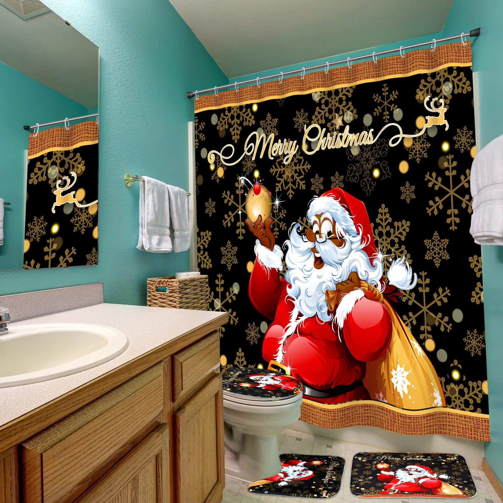 Peryiter Juego de cortinas de ducha de Papá Noel negro con alfombras antideslizantes, cubierta de tapa de inodoro, alfombrilla de baño y 12 ganchos, decoración de baño de Navidad, impermeable, cortina