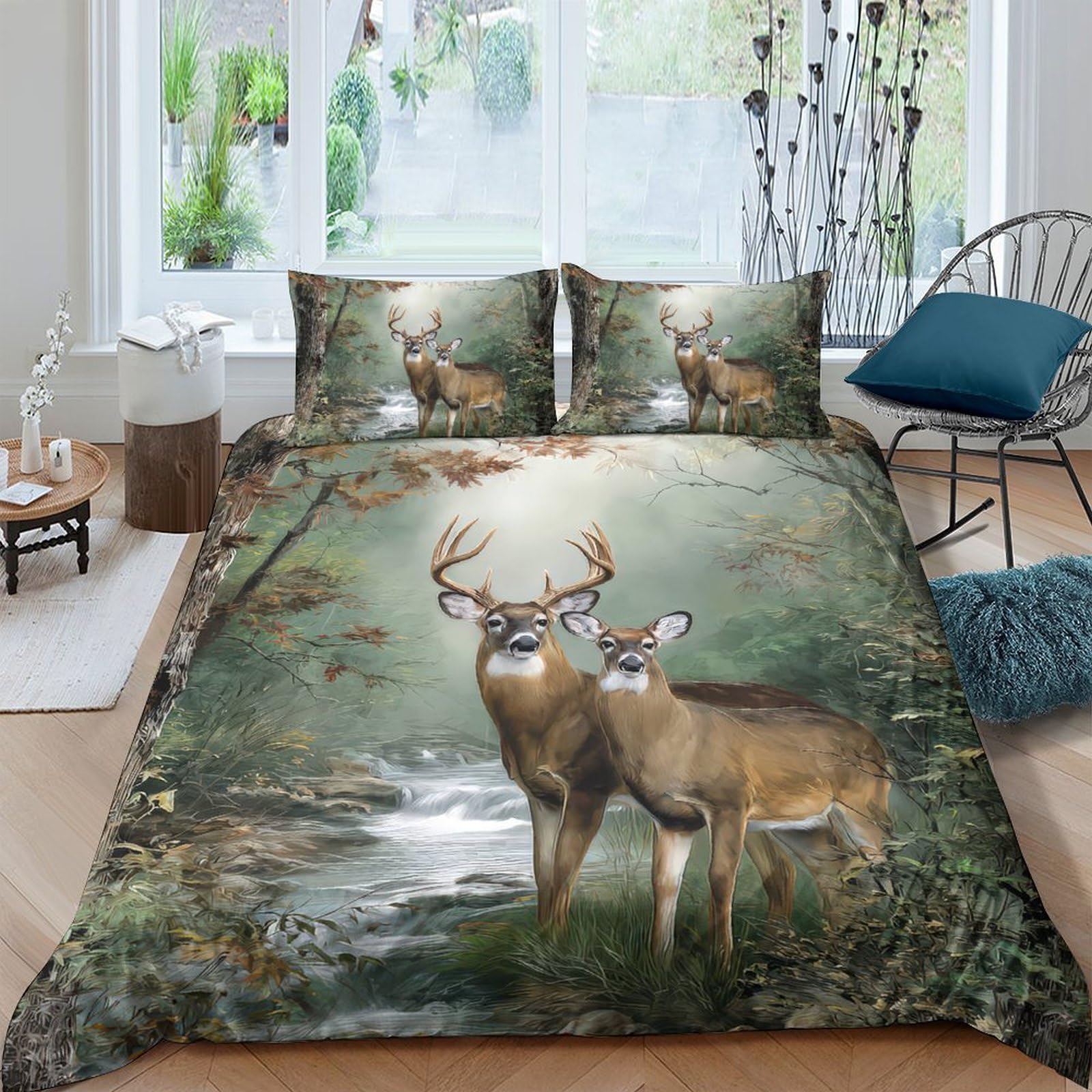 Ctjqhvkz Style-9 3D Printed Forest Deer Fitted Sheet Microfiber Soft Anti-Slip Woodland Stream Bed Cover Bedroom Dorm Mattress Protector Single（135X200cm）