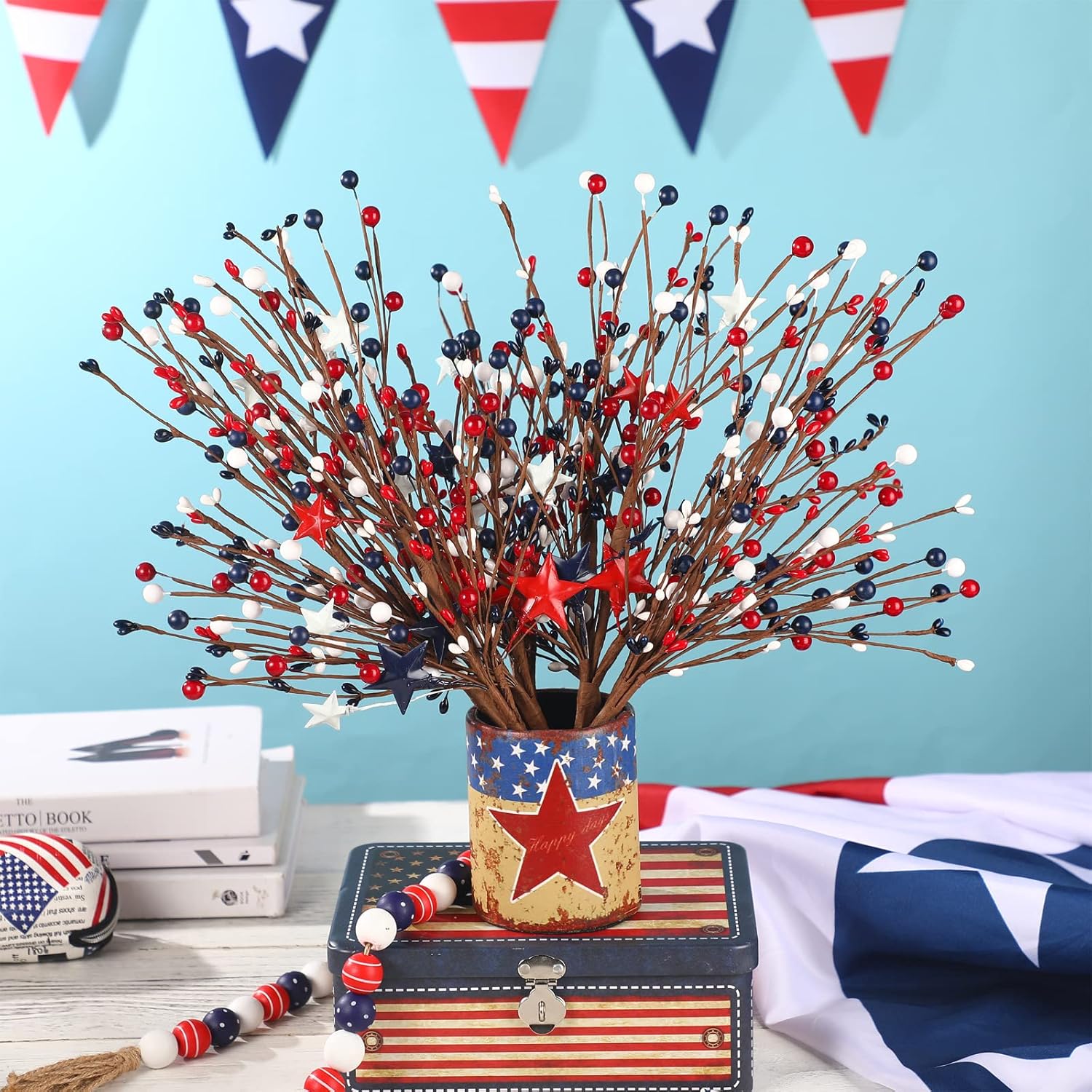 Yingzhao 12 Pcs 4th of July Decorations Patriotic Berry Stem Pick Memorial Day Artificial Red White Blue Pick 250th Anniversary Berry Stem Fruit Floral Bunch for Home Office Independence Day Decor