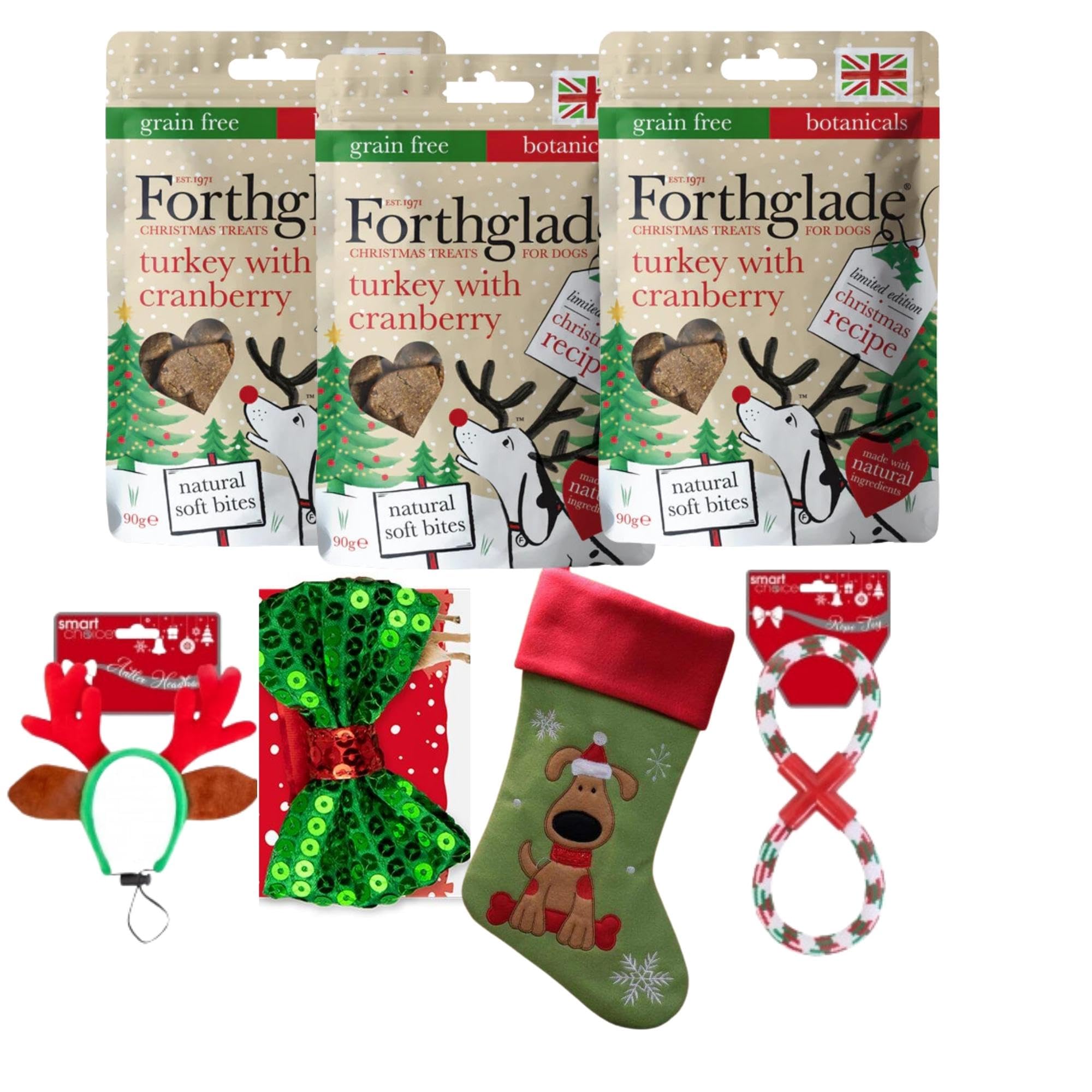 Grain Free Natural Christmas Dog Stocking Treats-3 x 90g Forthglade with 1 x Puppy Christmas Stocking 1 xDogs Toy 1 xSequin Bow Tie & 1 x Reindeer Antler Headband