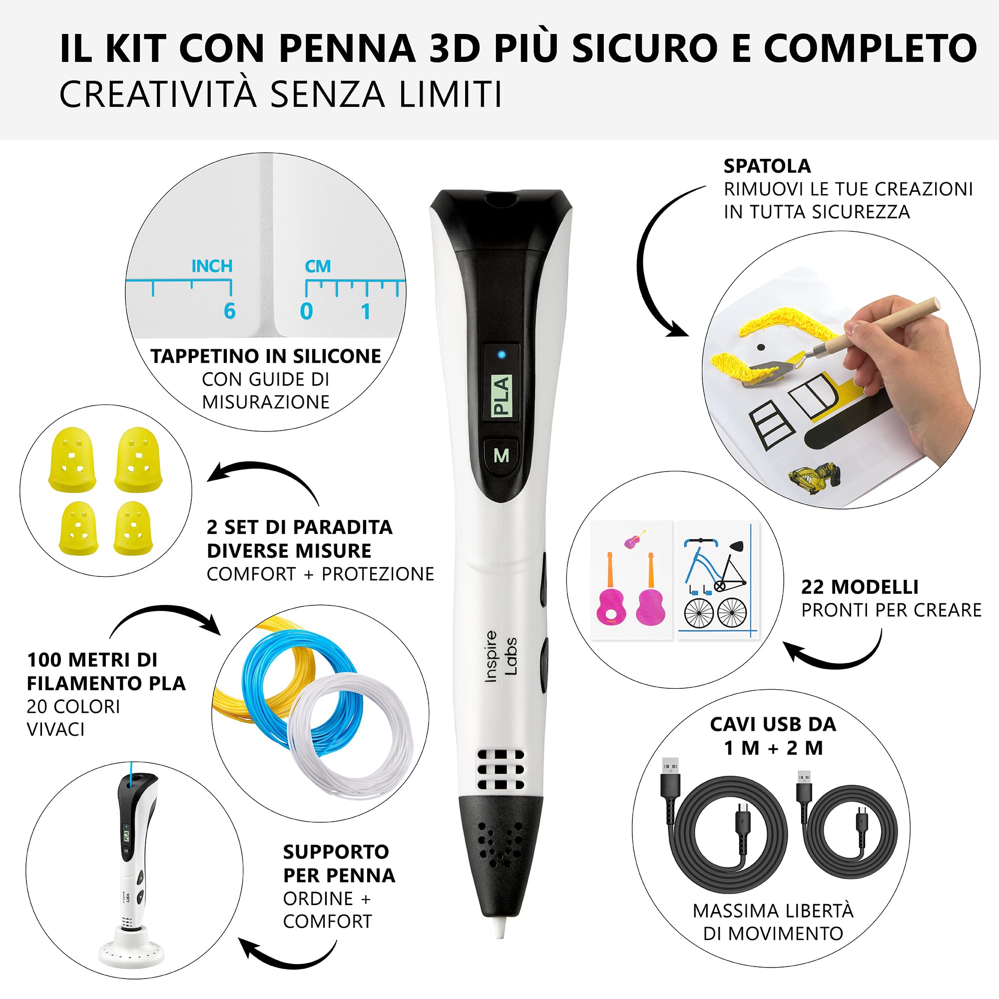 Penna 3D Inspire Labs, Creatività e Divertimento per Bambini e Adulti con Spegnimento Sicuro, Base in Silicone, Modalità Automatica/Manuale, 100 M Filamento PLA (20 Colori) + Guida in Italiana