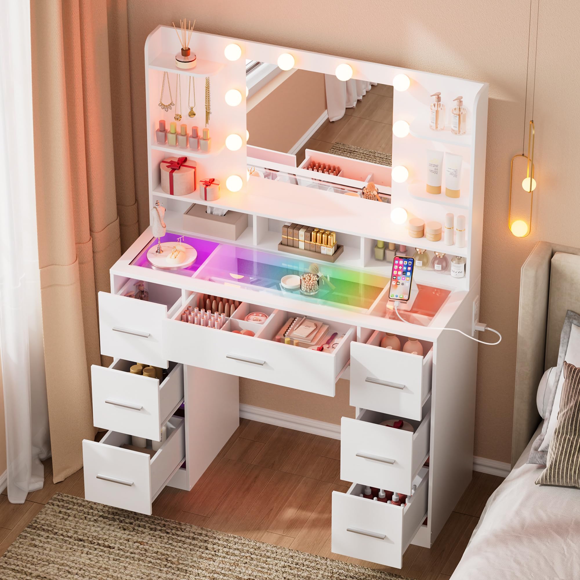 Coiffeuse Lumineuse avec Miroir LED, Table de Maquillage Moderne, Station de Chargement USB, Rangements Réglables, Plateau en Verre, Éclairage 3 Températures