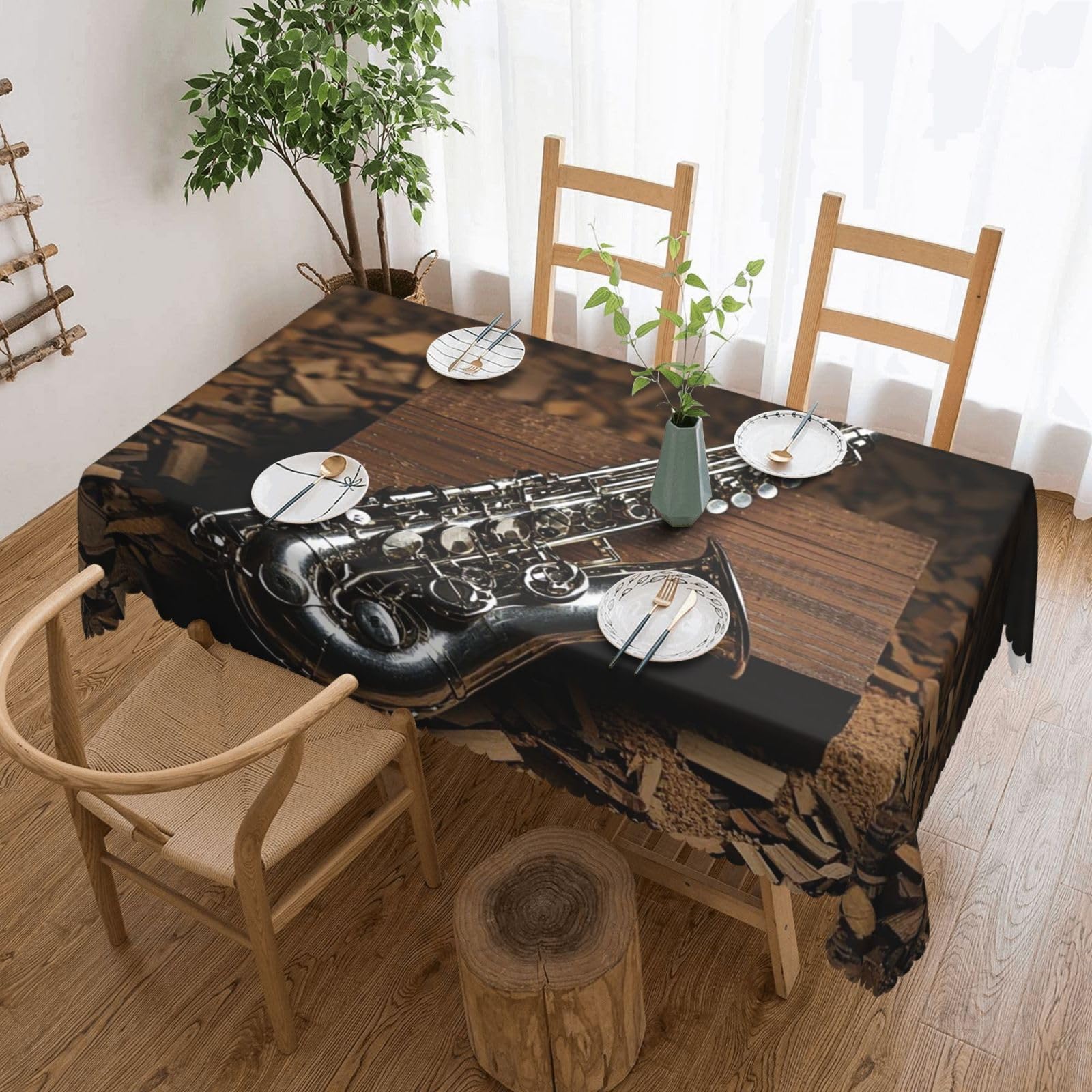 FodPand Saxophone Tablecloths for Rectangle Tables 54 x 72 Inch - Reusable Washable Dining Table Clothes - Stain and Wrinkle Resistant Decorative Fabric Table Cover for Wedding