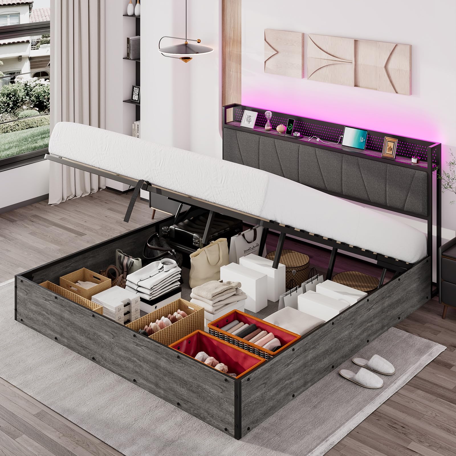 Albott King Size Lift Up Storage Bed Frame, Modern Platform Bed Frame with Charging Station and RGBW LED Lights, Linen Upholstered Headboard, No Box Spring Needed, Rustic Grey
