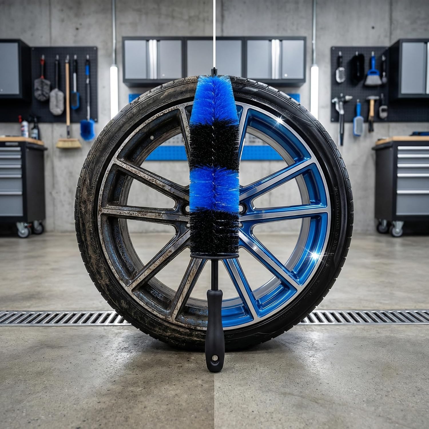 Wheel Tire Detailing Brush, Soft Bristle Wheel Cleaning Brush for Tires, Rims, Fender Wells and Exterior Surfaces, Long Handle Car Wash Brush (Blue)