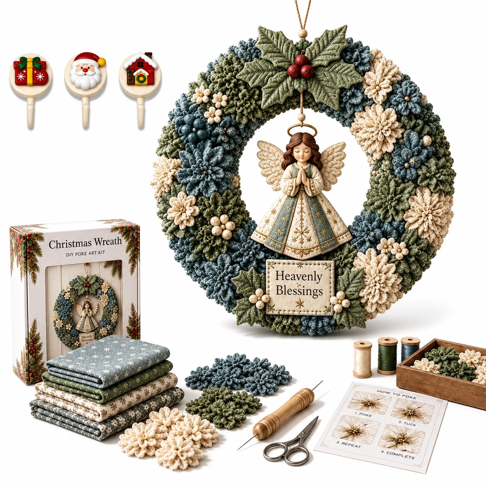 3D Christmas Fabric Poke Wreath Art Kit DIY With 3 Holiday Hooks