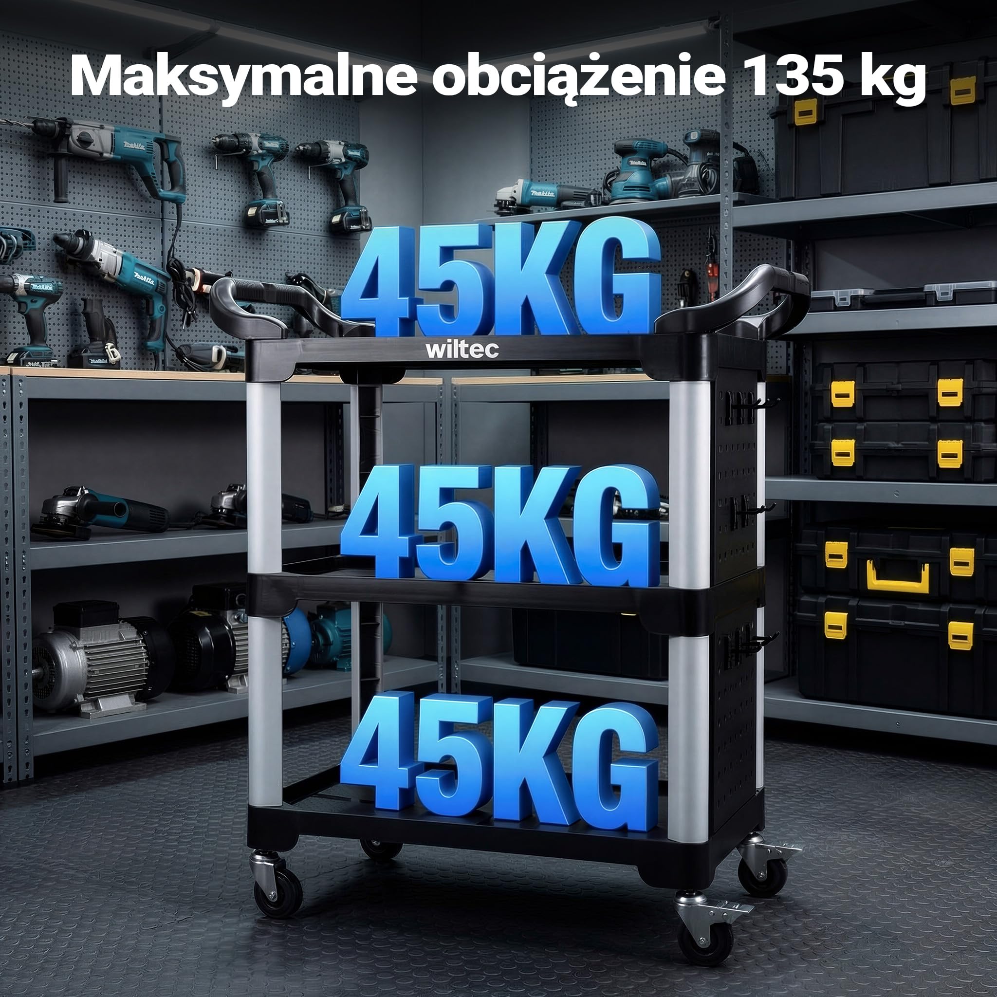 Wiltec Wózek 3-poziomowy typu 03 o nośności 150 kg, wózek warsztatowy 87 x 43 x 66 cm, wykonany z tworzywa sztucznego