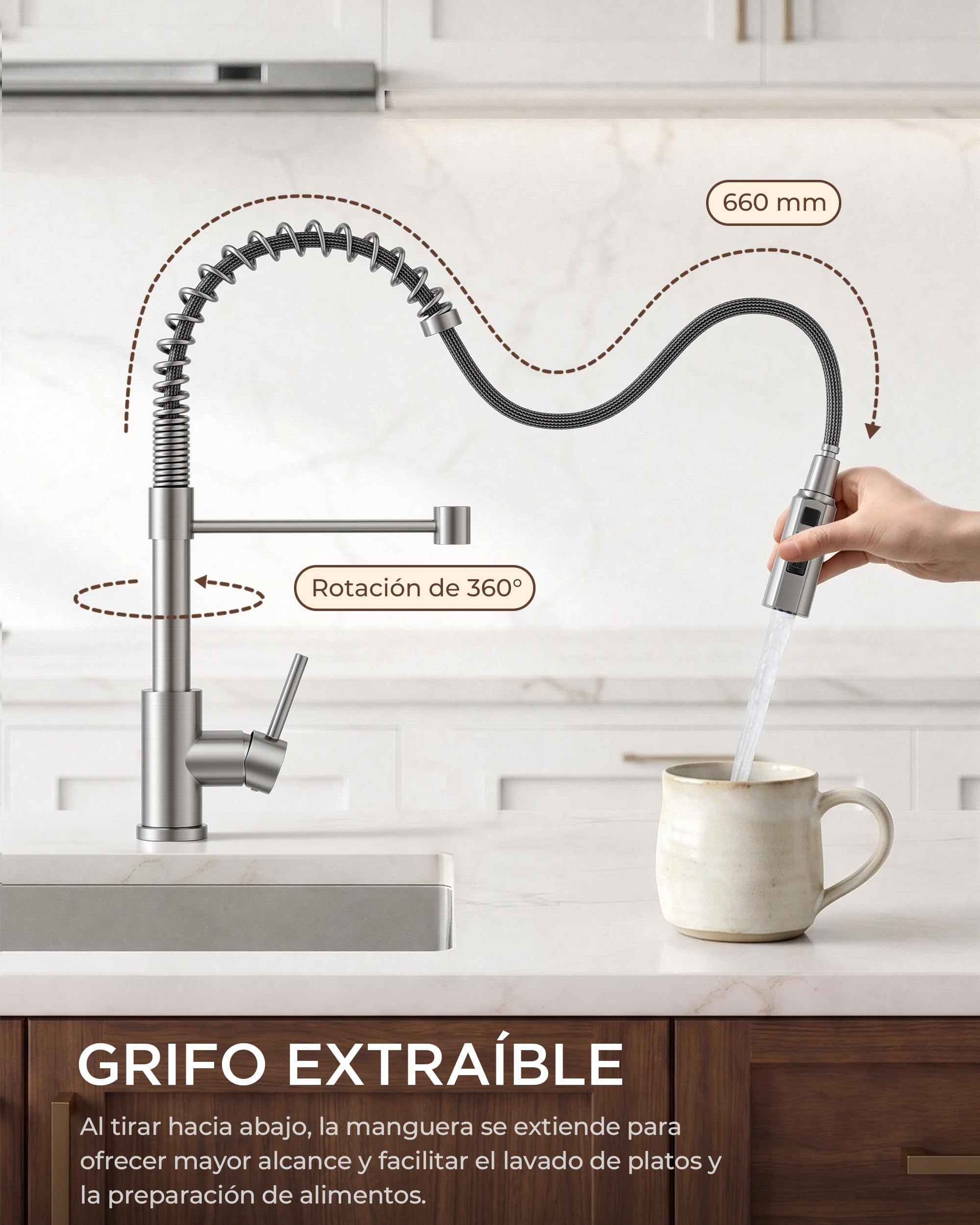 FORIOUS Grifo Cocina, Grifo Cocina Fregadero Extraíble, Grifo Monomando Cocina con 3 Funciones de Rociado, Grifo de Fregadero con Resorte Giratorio a 360°, Acero Inoxidable