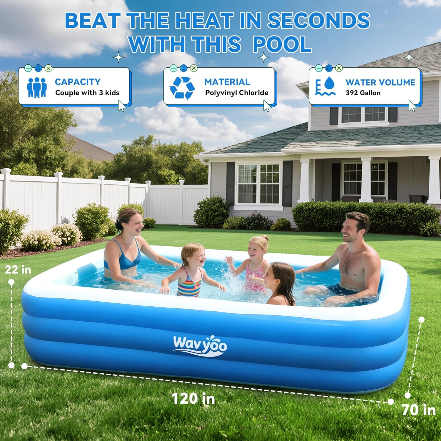 Large Inflatable Pool for Kids and Adults, Oversized Thickened Blow Up Pool for Kid and Adult, Durable Swimming Pool for Backyard, Outdoor, Garden, Summer Water Party (120“x70“x22)