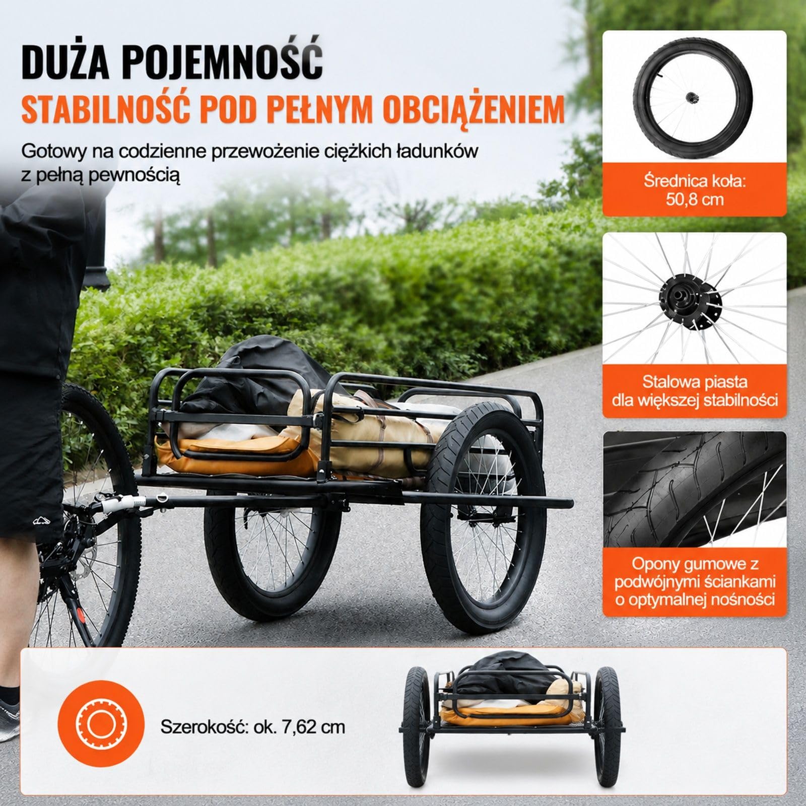 Przyczepka rowerowa 125 kg, składany wózek transportowy z szybkozamykaczem, uniwersalnym zaczepem i ramą ze stali węglowej