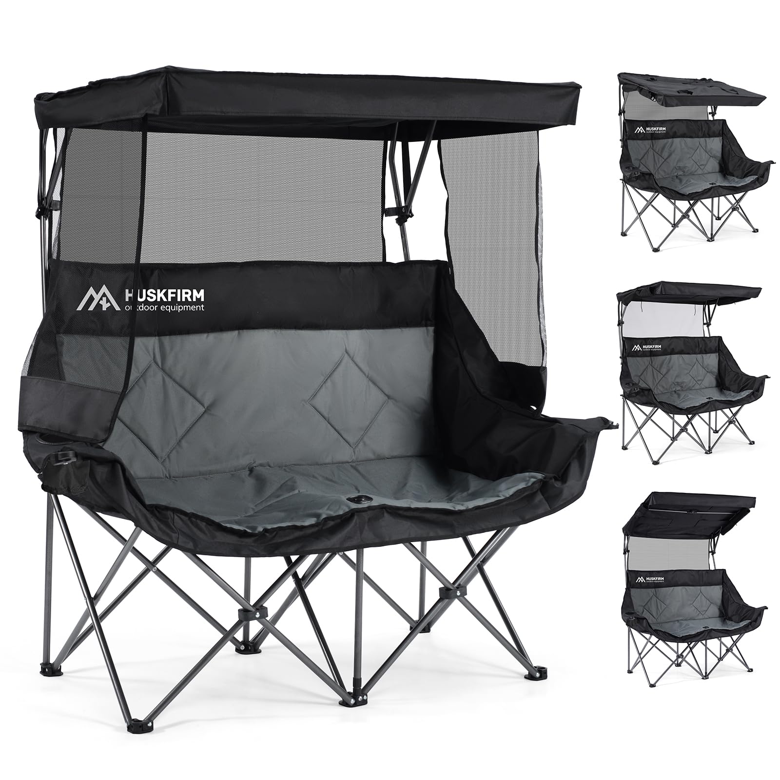 Huskfirm Double Camping Chair with Canopy Shade Folding Double Beach Chair with Adjustable Canopy Heavy Duty Loveseat Camping Chair with Two Cup