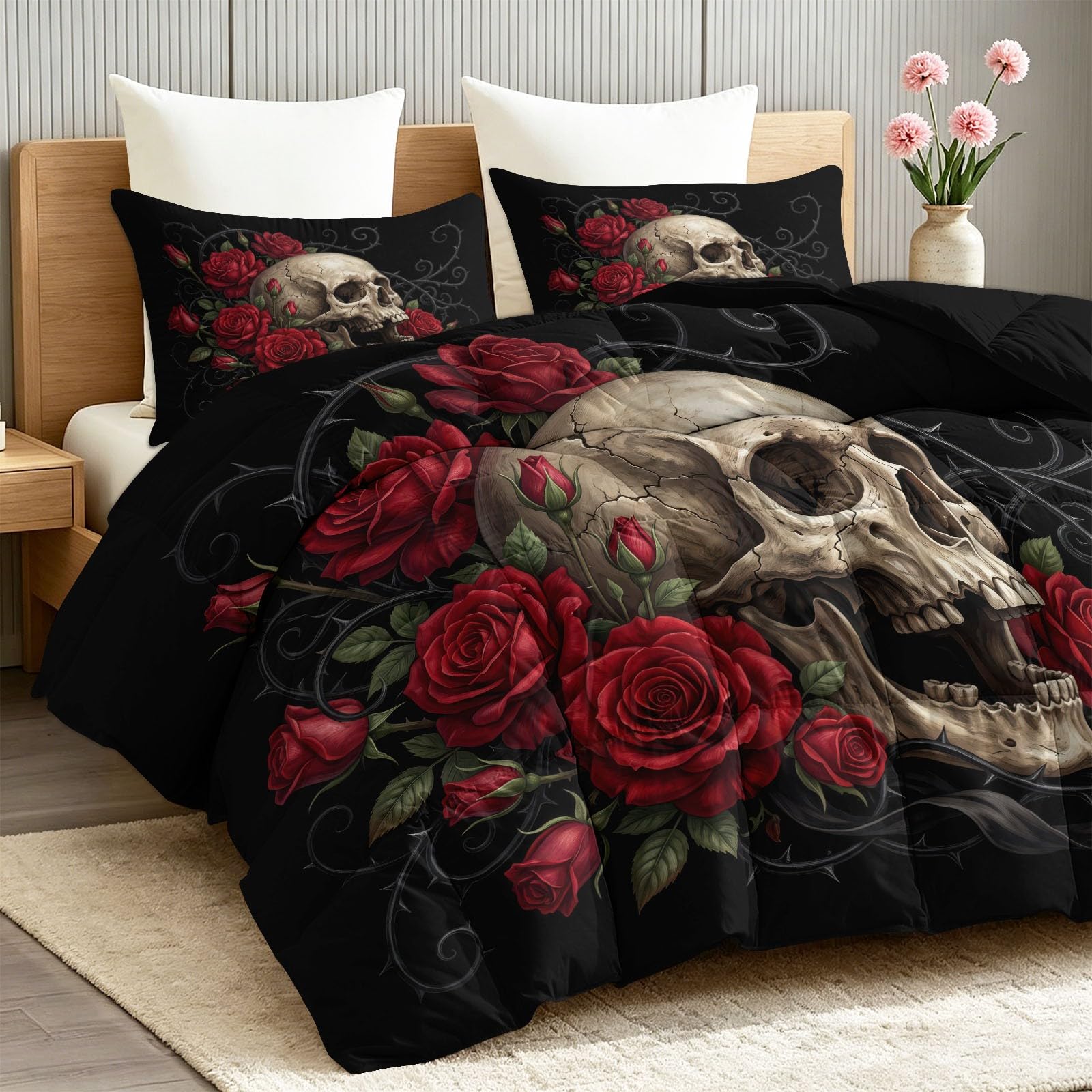 Ciemny styl gotycki kołdra bez poszewki 155 x 220 cm – czarna, na 4 pory roku, dwustronna, pikowana kołdra do pokoju dziewczynki, nadaje się do prania, chłodna, czerwona, różowa, czaszka, miękka