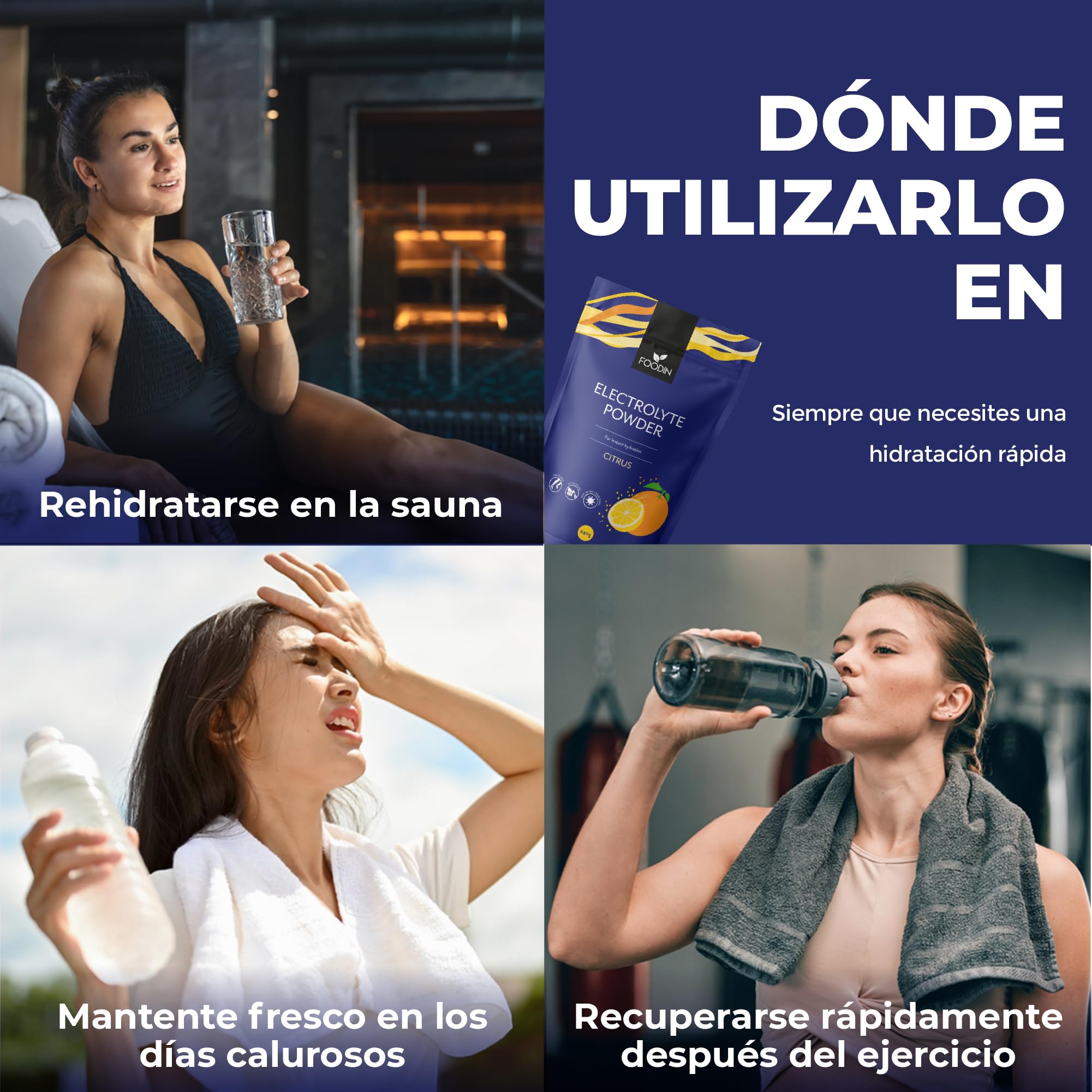 FOODIN Polvo Electrolítico sin azúcar 240 g – bebida isotónica en polvo para hidratación rápida, energía natural, dieta keto y vegana (Citrus)