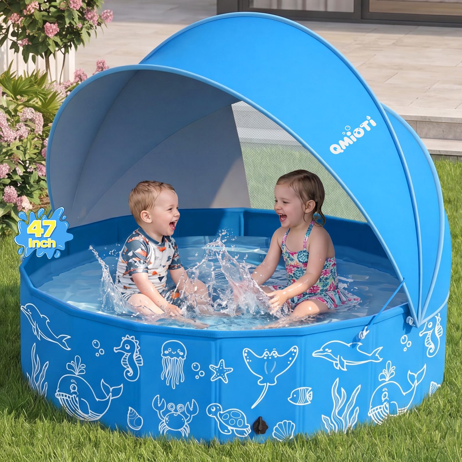 Photo 1 of Qmioti Foldable Kiddie Pool with Canopy, 47in Kids Pool with Detachable UPF 50+ Sunshade, Portable Non-Slip Swimming Pool Dog Pool for Backyard, Beach, Outdoor Summer Water Play