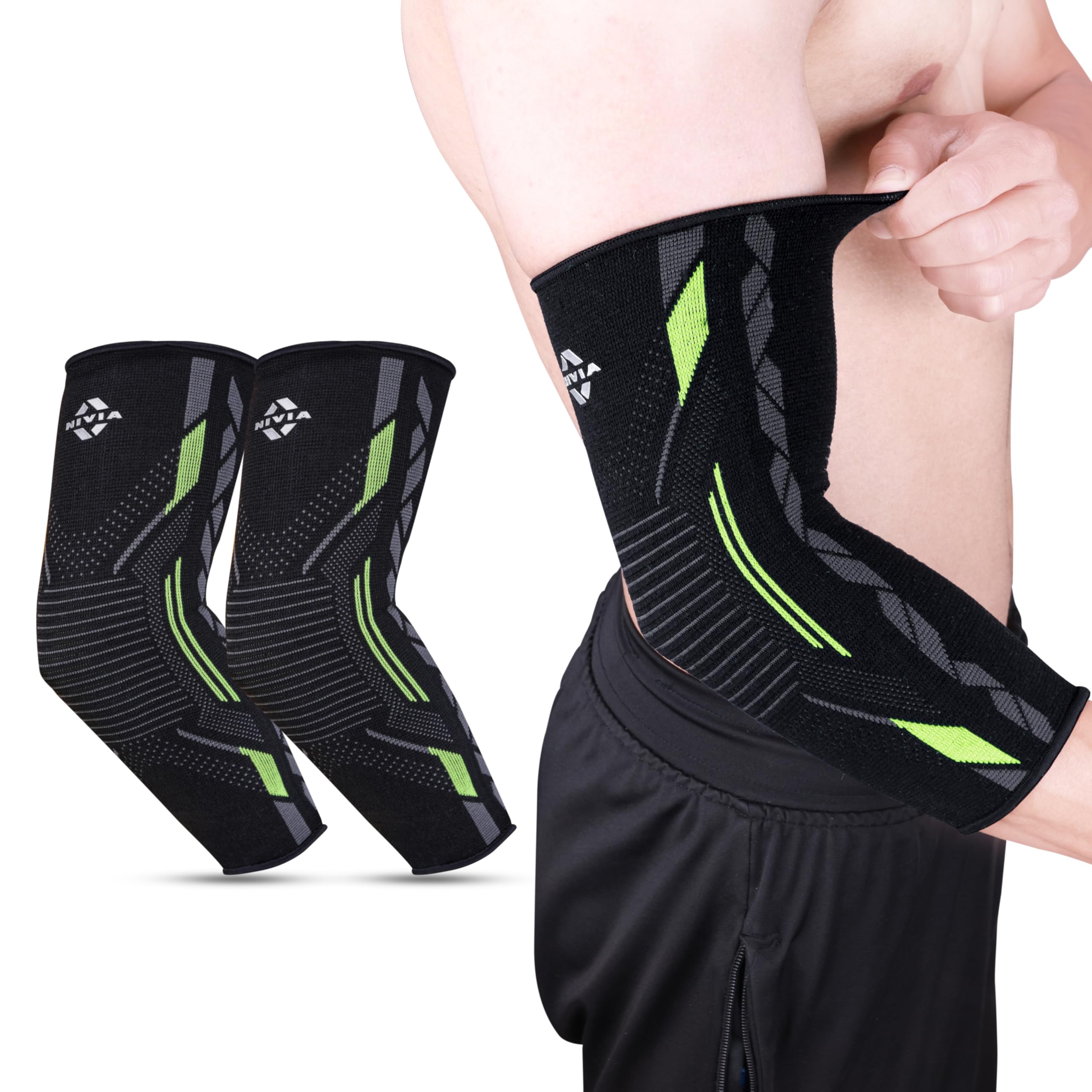 Nivia Knitted Elbow Support Ergonomic, Breathable, and Flexible Compression Sleeve for Enhanced Joint Stability, Pain Relief (Green, M) For Men & Women, In Pair