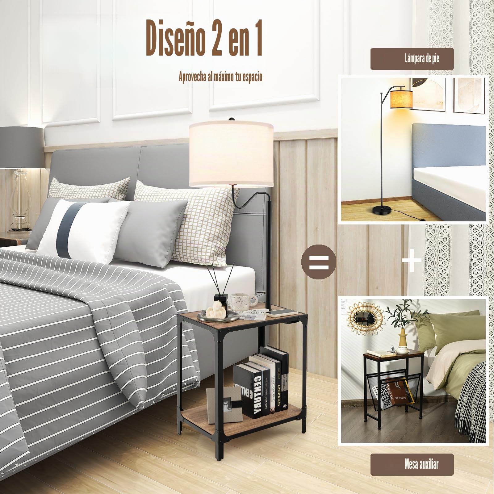 HOMASIS Lámpara de Pie con Mesa Auxiliar y Puertos de Carga USB, Lámpara de Mesilla de Noche Giratoria 360°, con Lámpara E27 (No Incluida) para Salón, Dormitorio, Natural