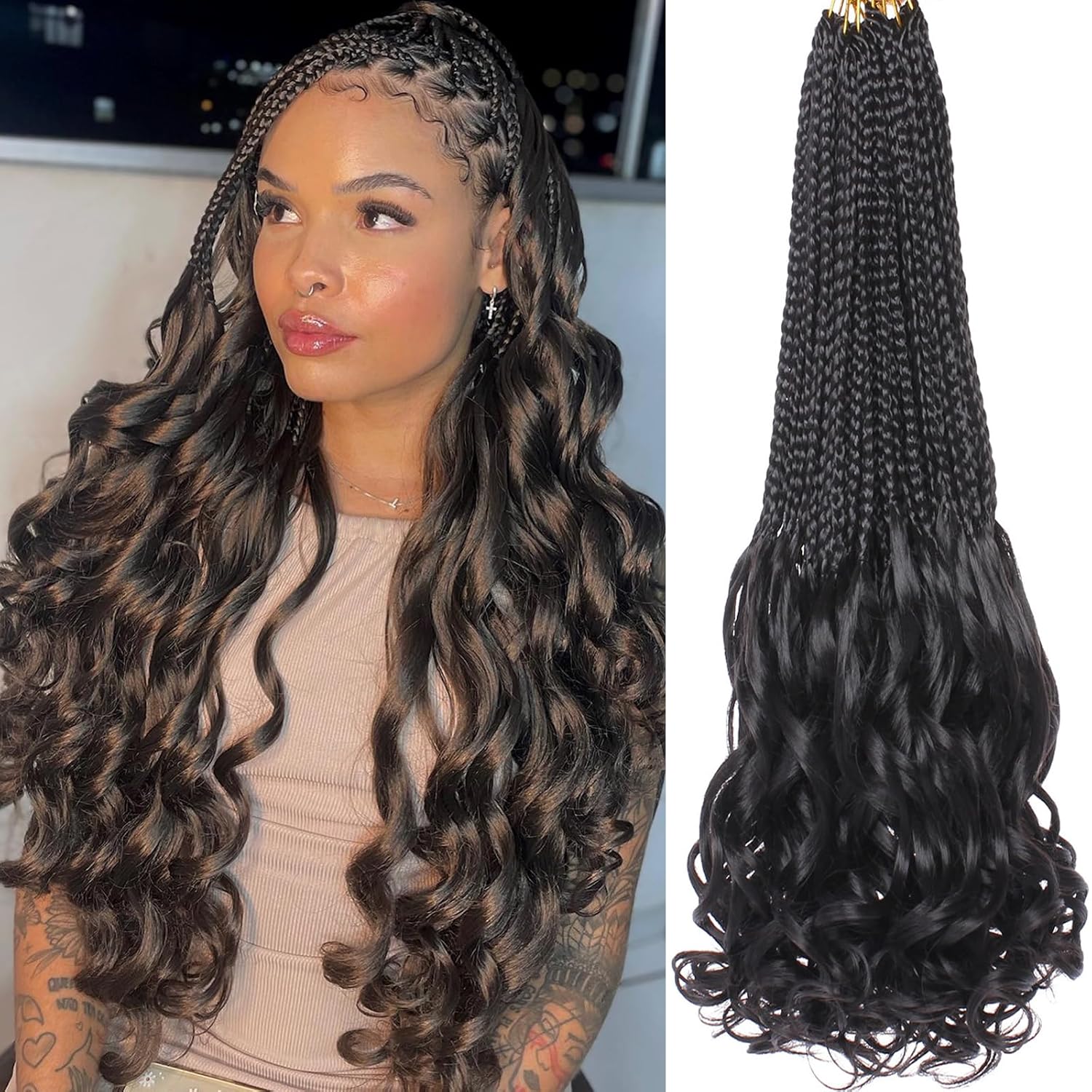 COOKOO 9 Packs 135 Strands French Curl Crochet Braids 24 Inch Natural Black Pre Looped French Curly Braiding Hair for Women Goddess Braids Hair with Curly Wavy Ends Synthetic Hair Extensions 1B#