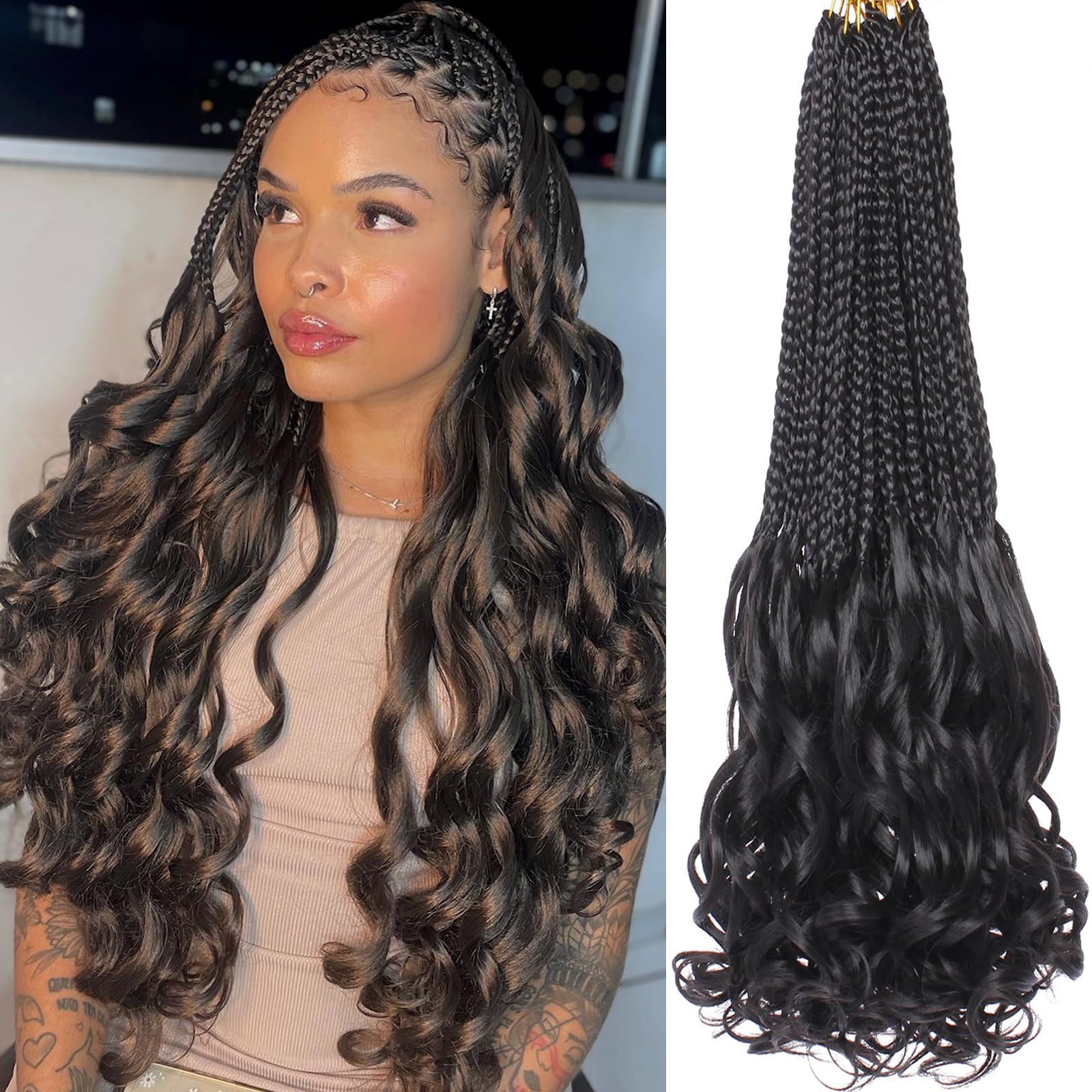 COOKOO 9 Packs 135 Strands French Curl Crochet Braids 24 Inch Natural Black Pre Looped French Curly Braiding Hair for Women Goddess Braids Hair with