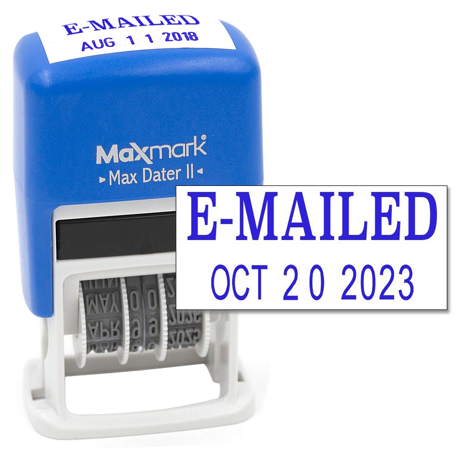 MaxMarkSelf-Inking Rubber Date Office Stamp with Phrase & Date - Blue Ink (Max Dater II), 12-Year Band E-MAILED