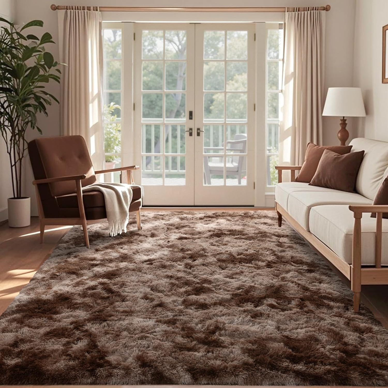 8x10 Ft Extra Large Shag Brown Area Rug for Living Room, Tie-Dyed Ultra Soft Fluffy Furry Rugs for Bedroom Indoor Floor, Aesthetic Carpet for Kids