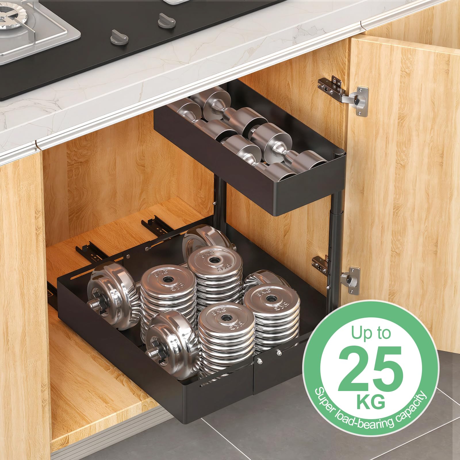 Regulowany organizer pod umywalkę, 2 sztuki, z metalu – organizer do szafki z regulacją wysokości, z systemem wysuwania, uniwersalna szafka pod zlewozmywak jako szafka do kuchni i łazienki (czarny (2