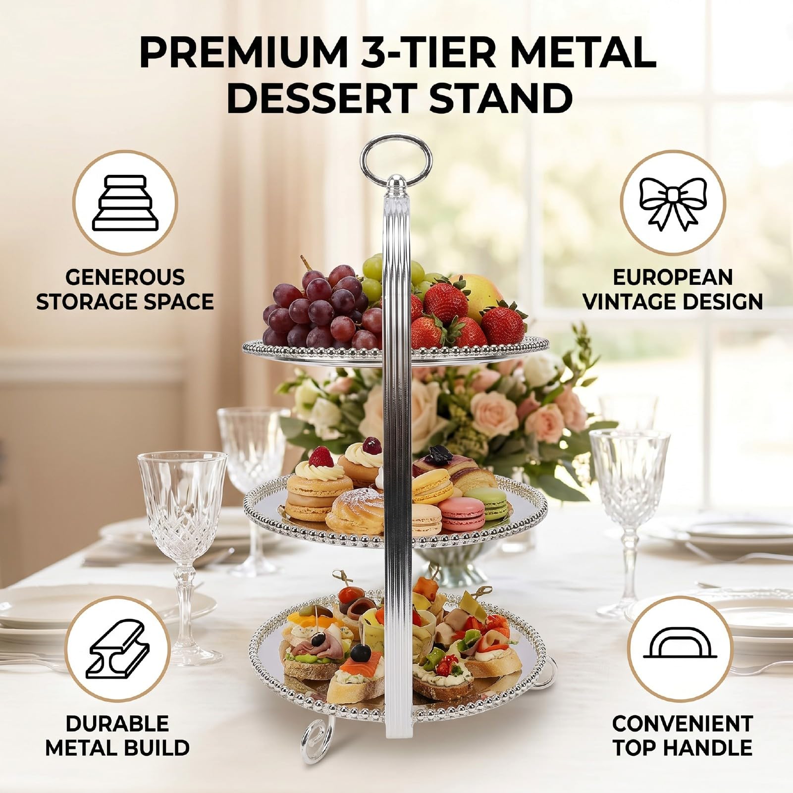 Pssopp Soporte para Tartas de 3 Niveles, Metal | Platos Redondos de 10 Pulgadas, 20 Pulgadas de Alto, Plata de Lujo Ligera Europea, para Exhibición de Magdalenas, Postres y