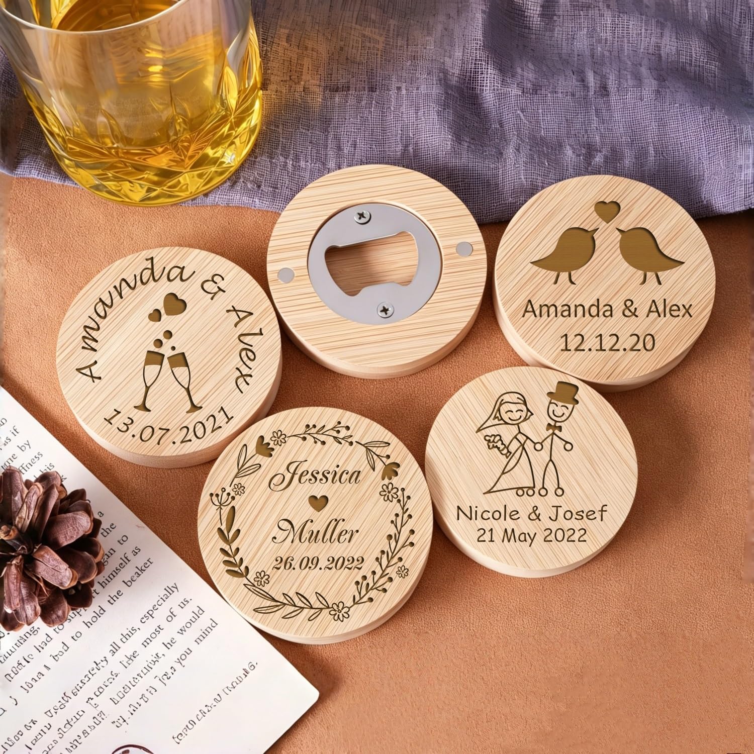 Abridor De Botellas De Madera Redondo Personalizado, Imán For Nevera, Nombre Y Fecha Grabados Personalizados, Abridor De Tapas Cerveza, Recuerdo Creativo Recepción Boda, Recuerdo Bautismo(100PCS)