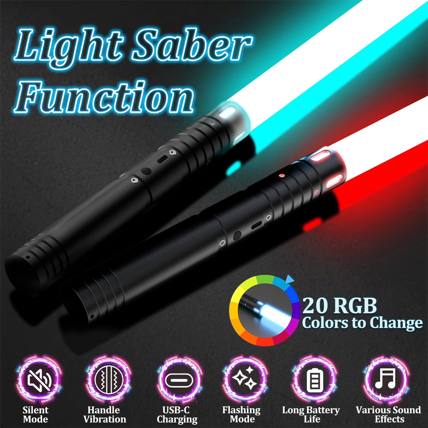 Lightsaber for Kids Upgraded RGB 20 Colors LED Light Saber, USB Rechargeable Lightsabers with Metal Handle - Image 3