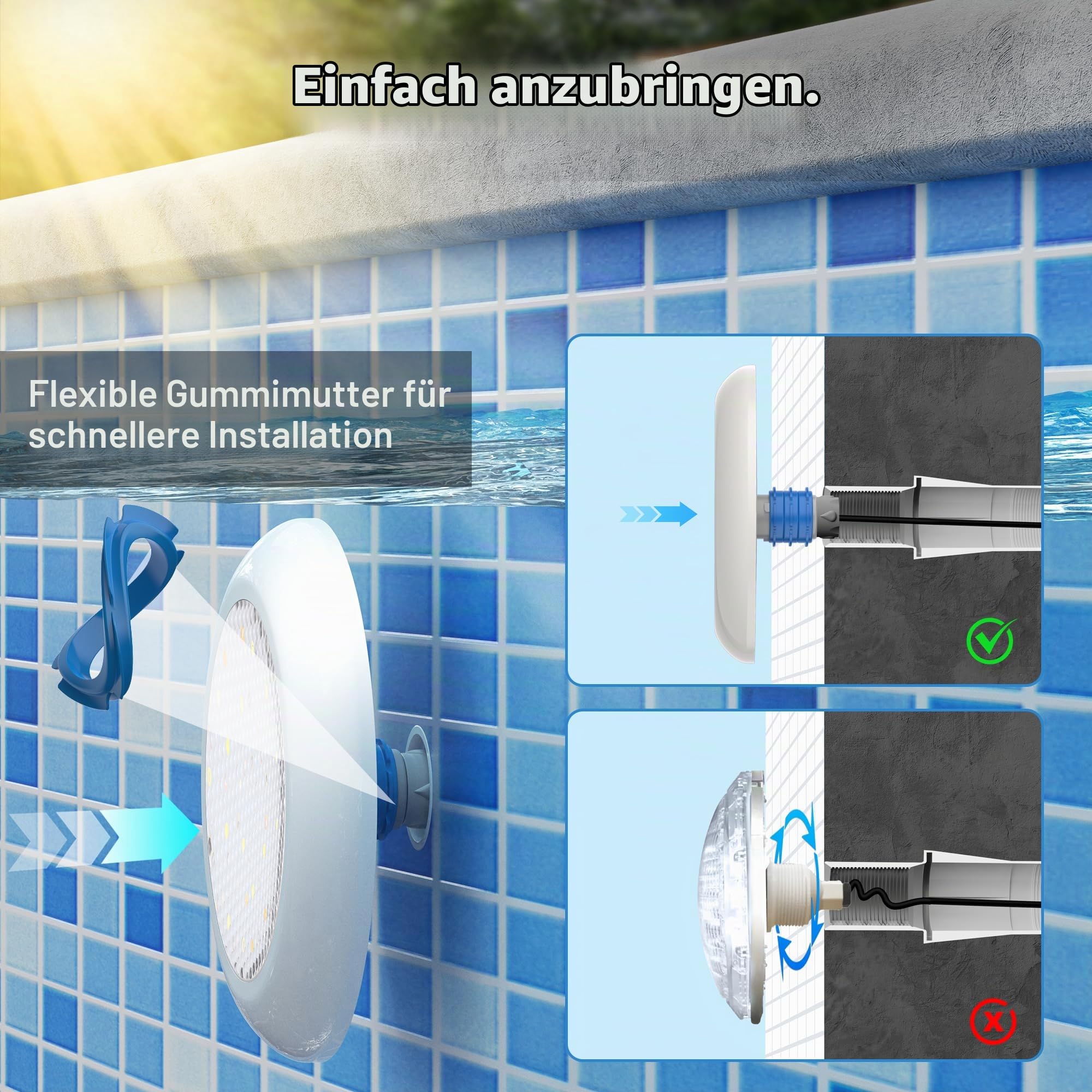 LyLmLe LED Poolbeleuchtung mit Außengewinde 1 1/2", RGB Schwimmbadscheinwerfer Synchronsteuerung 12VAC Unterwasser Poolscheinwerfer für Betonpool (15W, 2 Lampe)