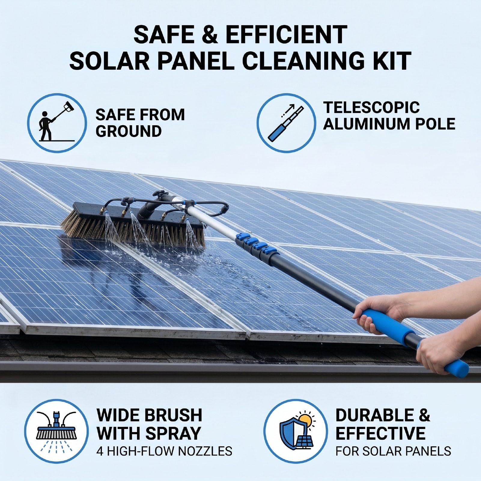 Cepillo de Limpieza de Paneles Solares, Poste Retráctil de 12 Pies con Dispensador de, Cabezal de Cepillo de 13,8 Pulgadas para Ventanas, Canalones, Paredes Exteriores