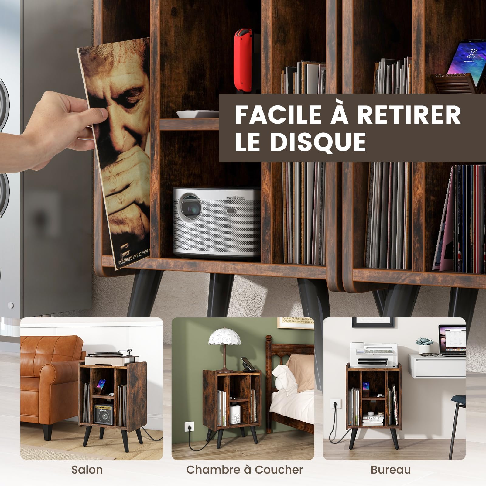 COSTWAY Table d’Appoint avec Station de Charge,2 Prises,1 USB Charge Rapide,1 Type-C,Pieds en Métal,Bout de Canapé, Armoire Meuble Tourne-Disque Vinyle avec Prise pour Salon Chambre (Marron Rustique)