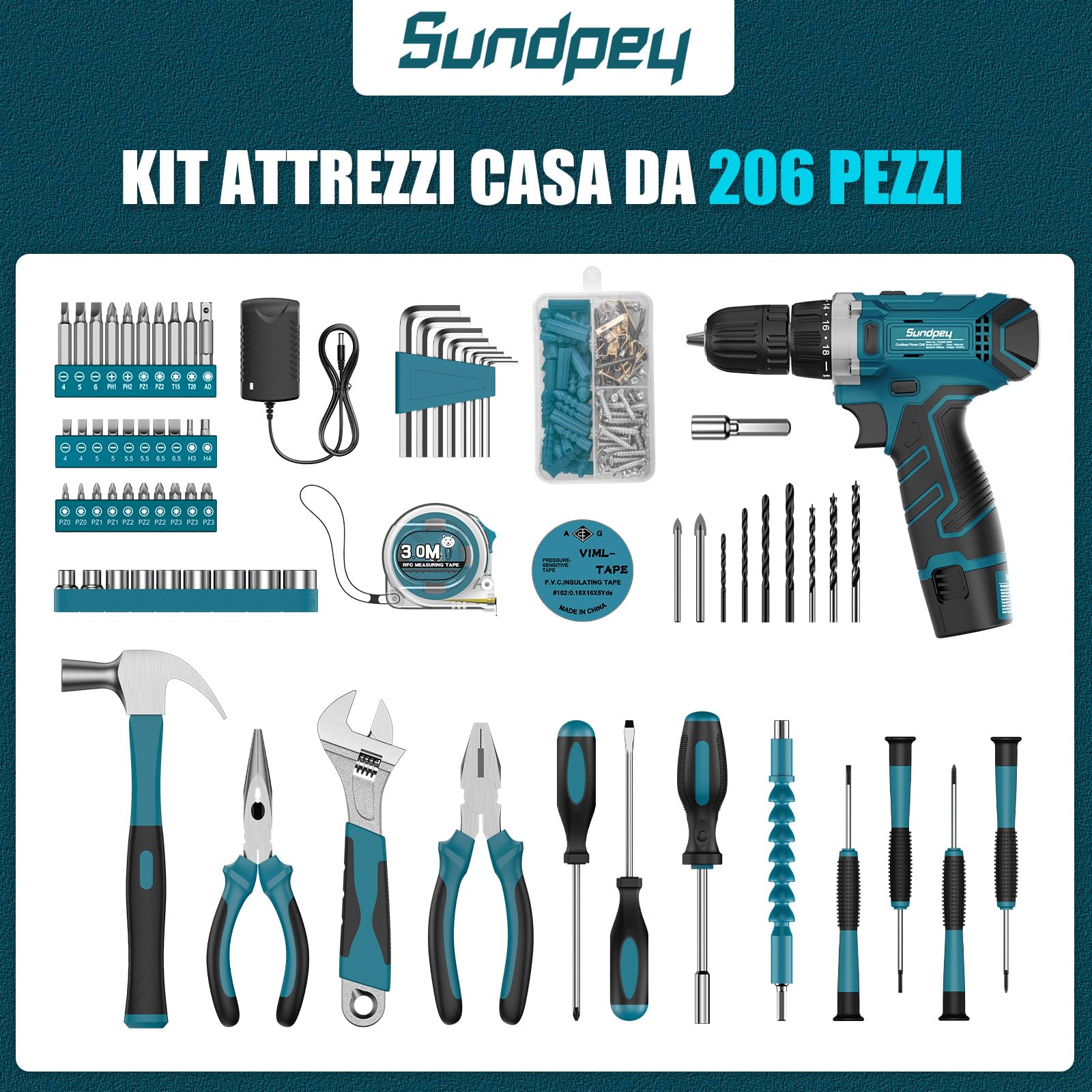 Sundpey Cassetta Attrezzi Completa 206 Pezzi, Trapano Avvitatore Batteria 12V per Serrare/Allentare Viti, Set Attrezzi da Lavoro Valigia Attrezzi Completa per Riparazioni Casalinghe e Fai da Te, Blu