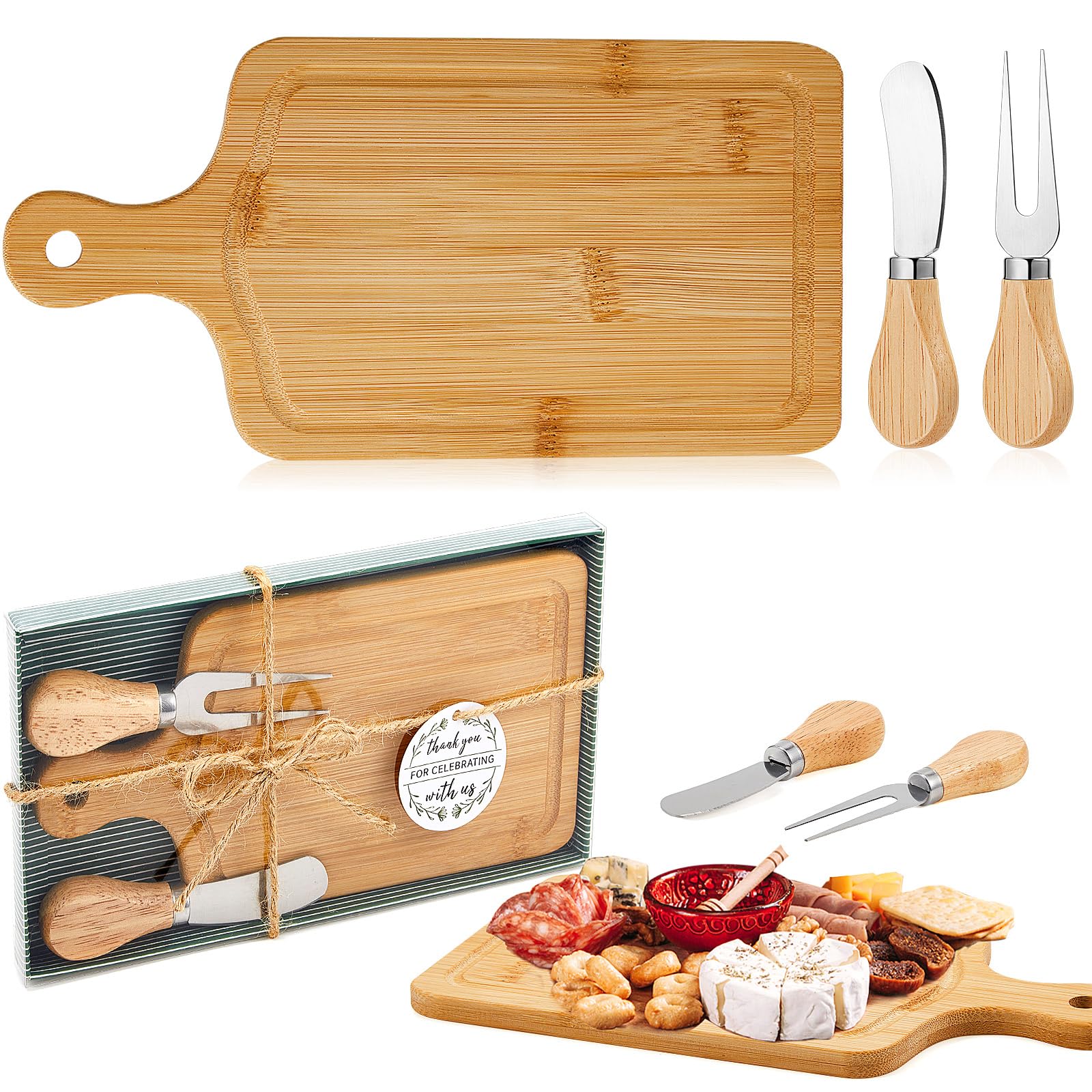 Ziliny Set di 2 taglieri quadrati in legno per formaggi, set regalo con coltelli, forchette e etichette di ringraziamento con scatola per gli ospiti per San Valentino, addio al nubilato, baby shower,