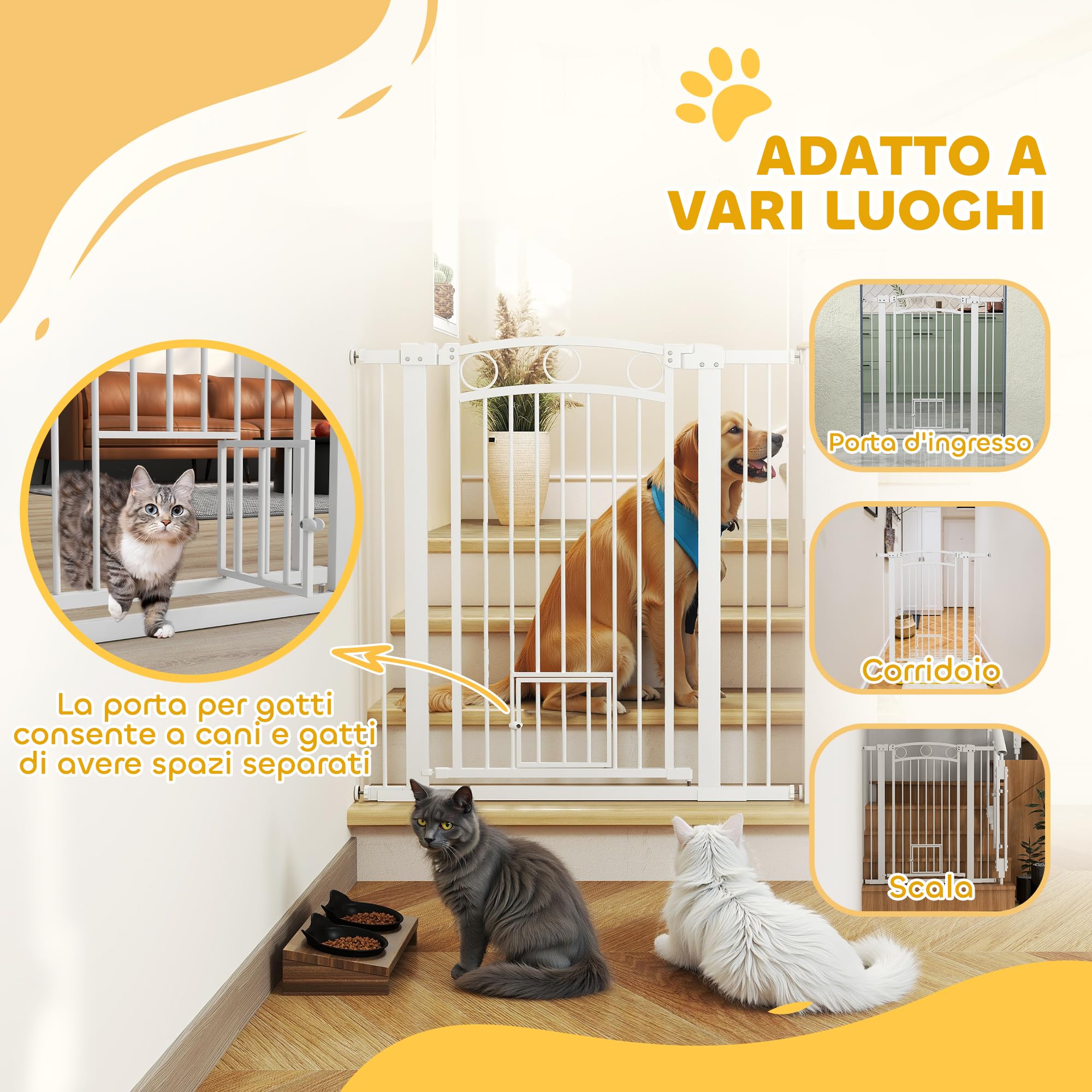 PawHut Cancelletto per Cani da Interno, Cancelletto di Sicurezza con 2 Estensioni 76-104 cm e Porta per Gatti, Cancello per Cani Animali Domestici Alto 106 cm per Corridoio e Scale, Bianco
