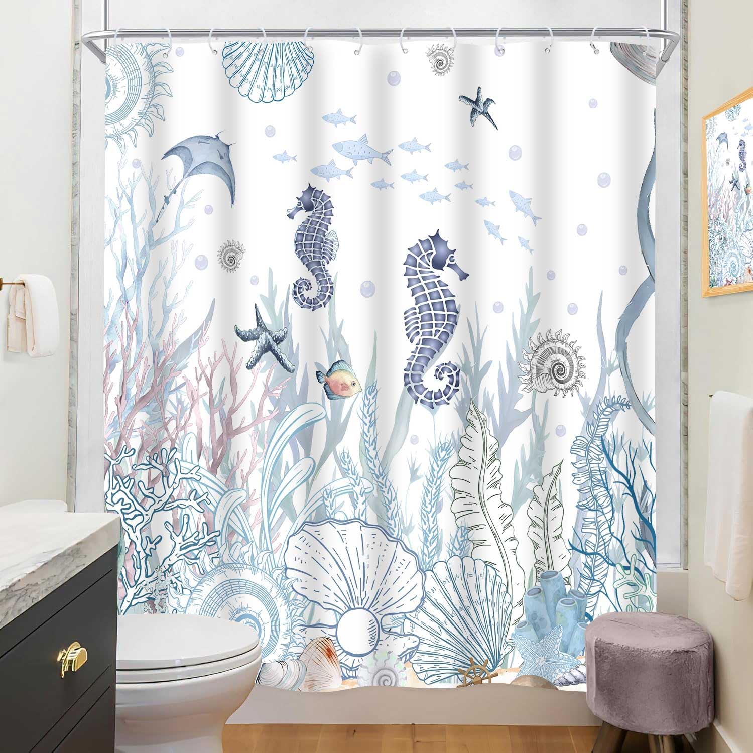 Nautical Coastal Shower Curtain Blue Ocean Coral Starfish Seashell Decorative Bathroom Curtain 72x72Inch Washable Polyester Fabric Underwater Marine Life Beach Shower Curtains Set with 12 Hooks