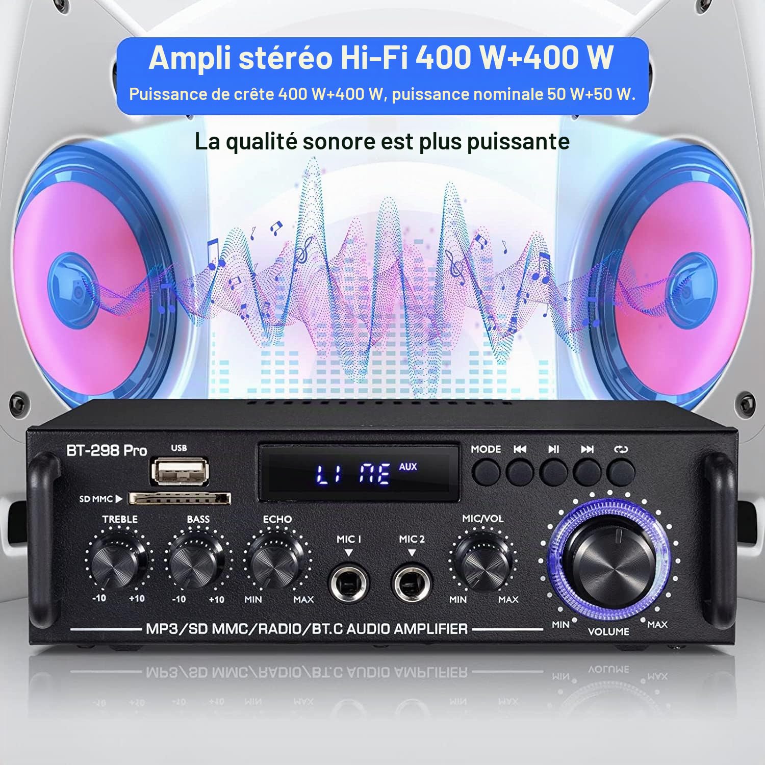 298 Pro Mini Amplificateur Bluetooth 5.0, Audio HiFi 2 Canaux, Max 500W x 2 RMS, 50W x 2, Récepteur Stéréo, Aigus et Basses Avec USB/RCA/MIC/FM