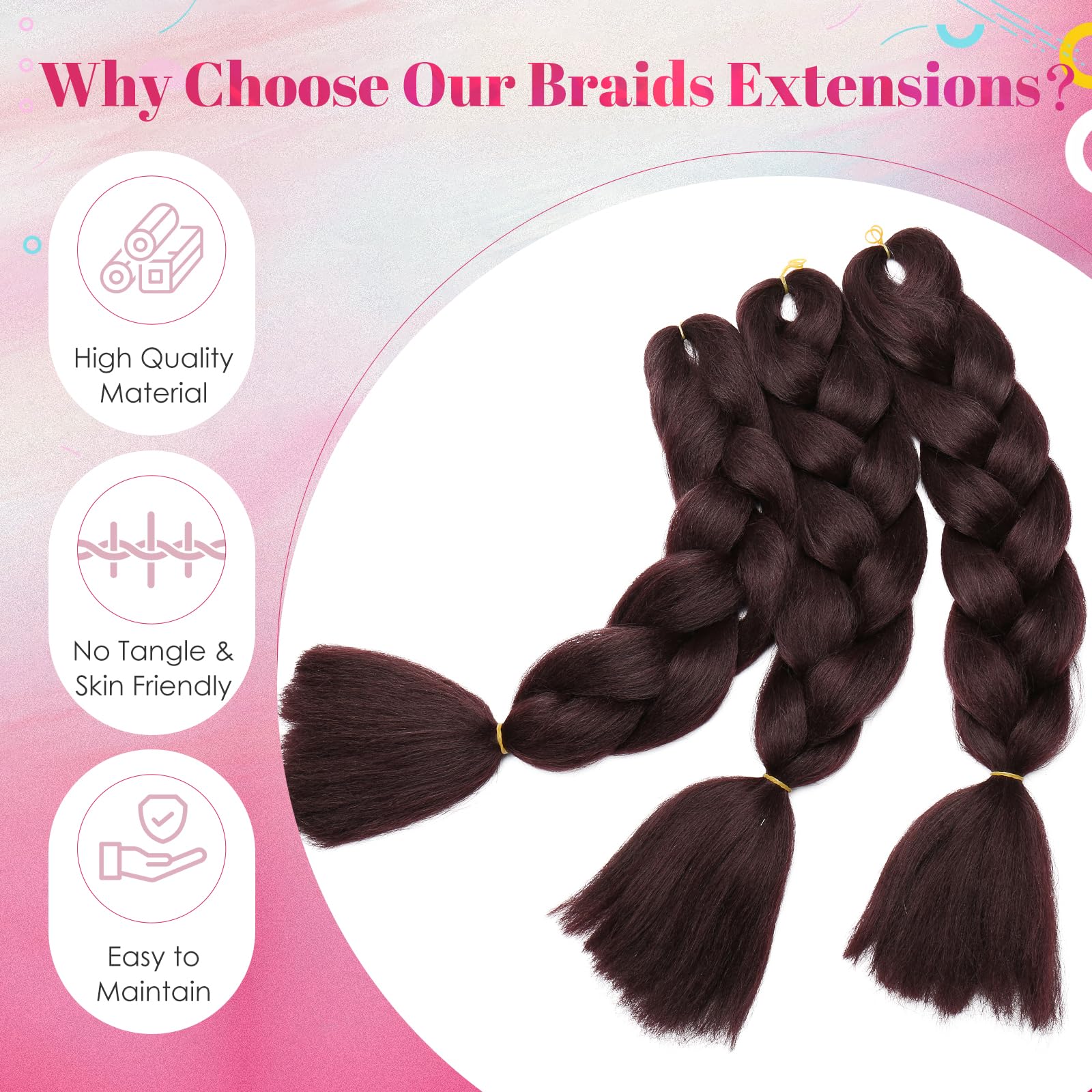 Benehair Braiding Hair Long Braids Extensions Hair 24 Inches Colorful Synthetic Hair for Braid Human Braiding Hair Dark Auburn Hair Extensions for Women(Dark Auburn - Image 4